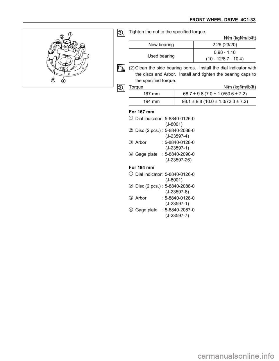 ISUZU TFS SERIES 1997  Workshop Manual FRONT WHEEL DRIVE  4C1-33
Tighten the nut to the specified torque.
N
m (kgfm/lbft)
New bearing 2.26 (23/20)
Used bearing0.98 - 1.18
(10 - 12/8.7 - 10.4)
(2) Clean  the  side  bearing  bores.    Instal
