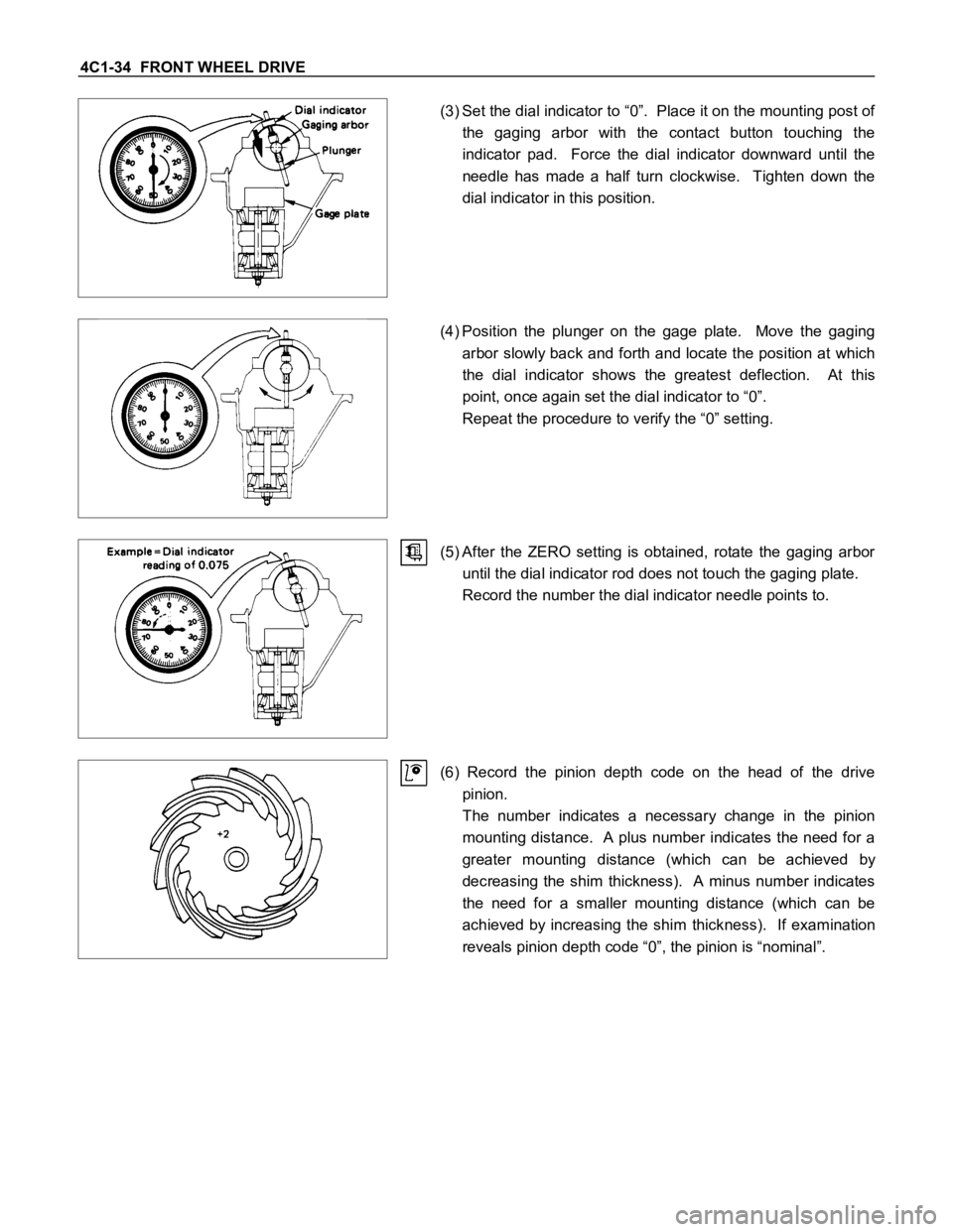 ISUZU TFS SERIES 1997  Workshop Manual 4C1-34  FRONT WHEEL DRIVE
(3) Set the dial indicator to “0”.  Place it on the mounting post of
the  gaging  arbor  with  the  contact  button  touching  the
indicator  pad.    Force  the  dial  in