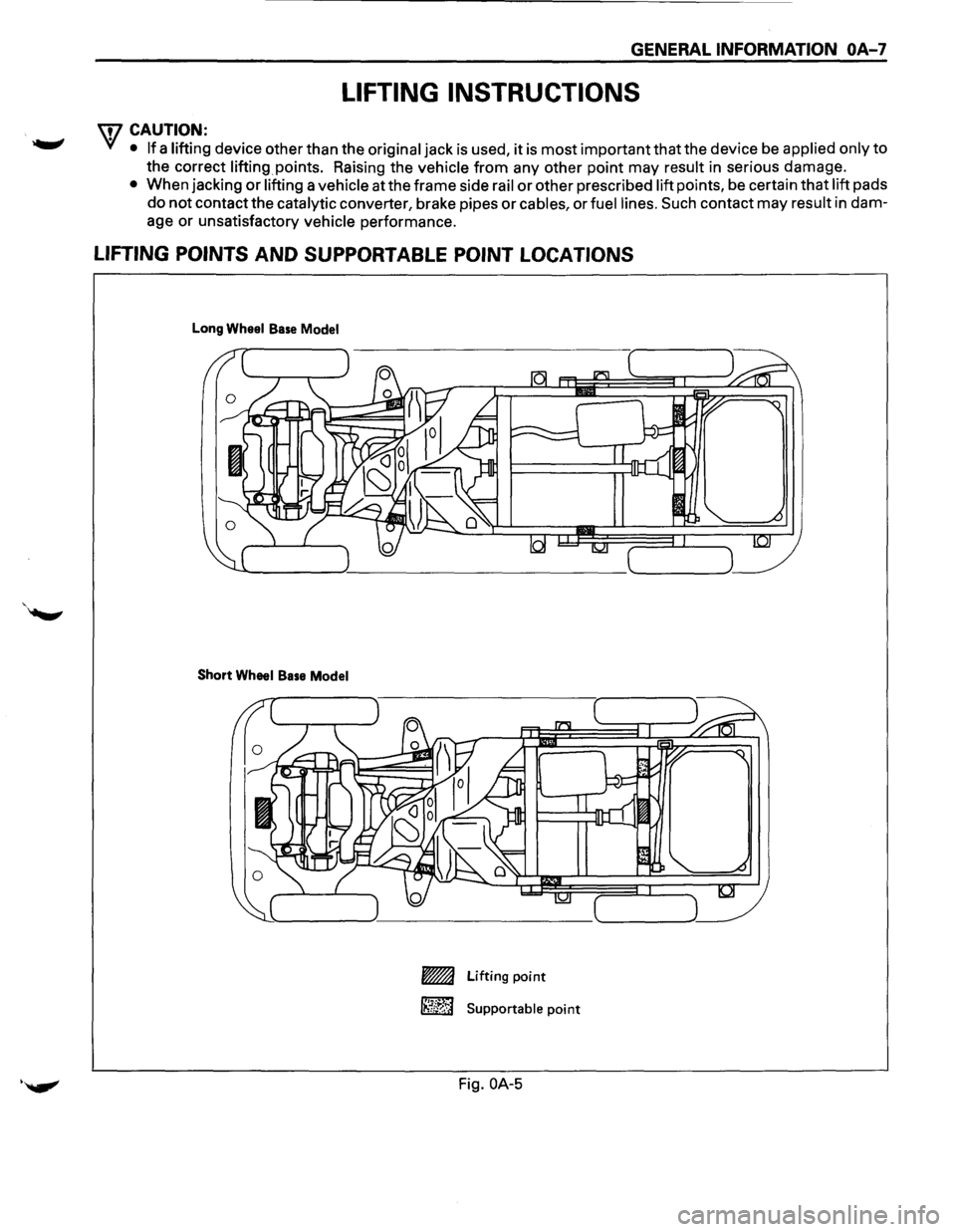 ISUZU TROOPER 1995 Workshop Manual GENERAL INFORMATION OA-7
LIFTING INSTRUCTIONS
w CAUTION:
• • If a lifting device other than the original jack is used, it is most important that the device be applied only to
the correct ISUZU TROOPER 1995 Workshop Manual GENERAL INFORMATION OA-7
LIFTING INSTRUCTIONS
w CAUTION:
• • If a lifting device other than the original jack is used, it is most important that the device be applied only to
the correct