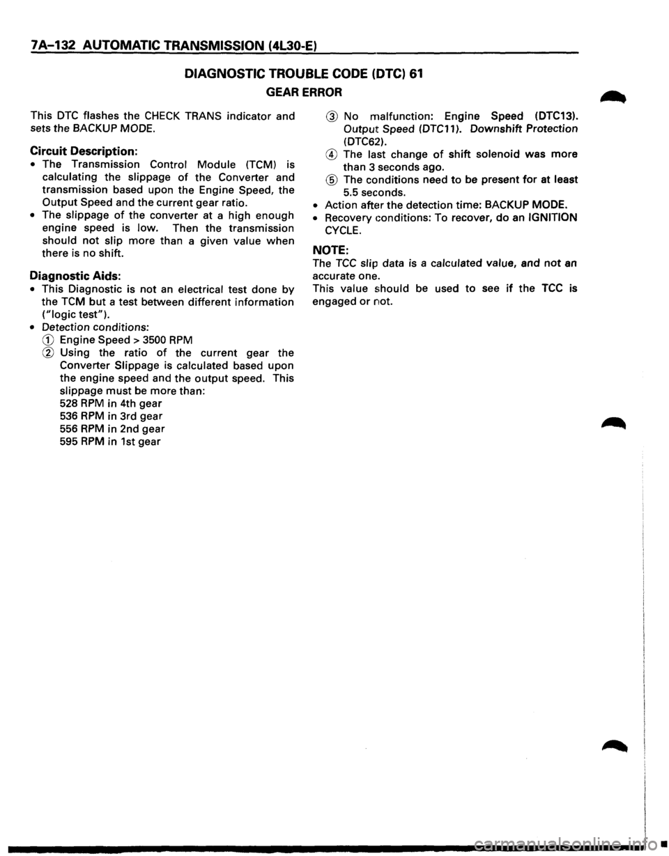 ISUZU TROOPER 1995 Owners Guide 7A-132 AUTOMATIC TRANSMISSION (4L30-E)
DIAGNOSTIC TROUBLE CODE (DTC) 61
GEAR ERROR
This DTC flashes the CHECK TRANS indicator and
sets the BACKUP MODE.
Circuit Description:
• The Transmission ISUZU TROOPER 1995 Owners Guide 7A-132 AUTOMATIC TRANSMISSION (4L30-E)
DIAGNOSTIC TROUBLE CODE (DTC) 61
GEAR ERROR
This DTC flashes the CHECK TRANS indicator and
sets the BACKUP MODE.
Circuit Description:
• The Transmission