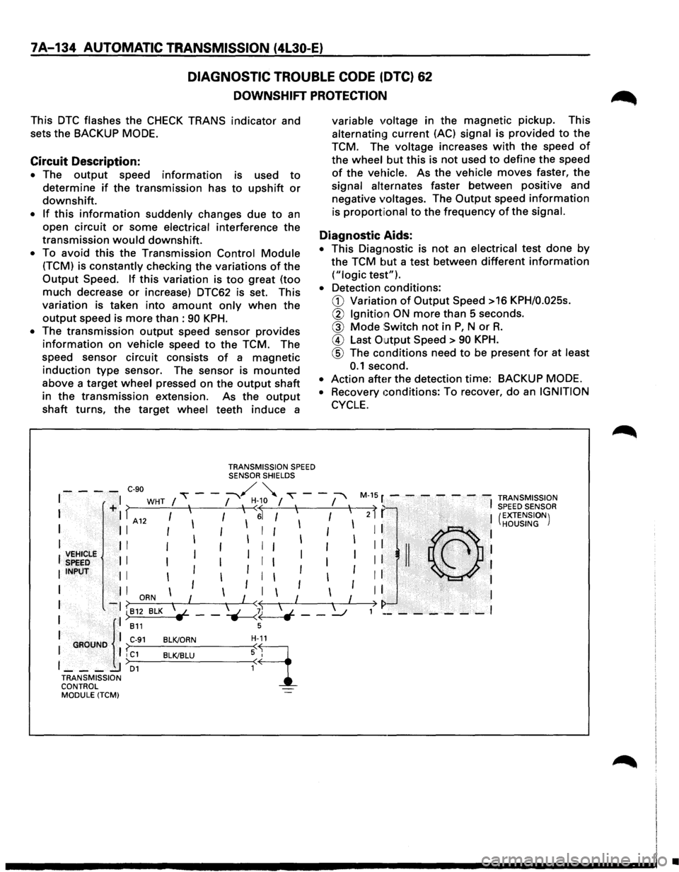 ISUZU TROOPER 1995 Owners Guide 7A-134 AUTOMATIC TRANSMISSION (4L30-E)
DIAGNOSTIC TROUBLE CODE (DTC) 62
DOWNSHIFT PROTECTION
This DTC flashes the CHECK TRANS indicator and
sets the
BACKUP MODE.
Circuit Description:
• The ISUZU TROOPER 1995 Owners Guide 7A-134 AUTOMATIC TRANSMISSION (4L30-E)
DIAGNOSTIC TROUBLE CODE (DTC) 62
DOWNSHIFT PROTECTION
This DTC flashes the CHECK TRANS indicator and
sets the
BACKUP MODE.
Circuit Description:
• The