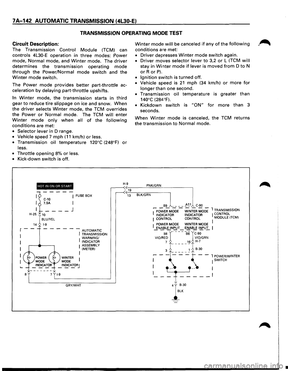 ISUZU TROOPER 1995  Workshop Manual 7A-142 AUTOMATIC TRANSMISSION  (4l30-E) 
TRANSMISSION  OPERATING MODE TEST 
Circuit 
Description: 
The  Transmission Control Module (TCM)  can 
controls 4L30-E operation  in three  modes: Power 
mode,