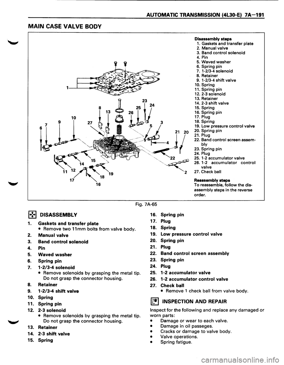 ISUZU TROOPER 1995 Workshop Manual ~
AUTOMATIC TRANSMISSION (4L30-E) 7A-191
MAIN CASE VALVE BODY
1·:-1
1.
2.
3.
4.
5.
6.
7.
8.
9.
10.
11.
12.
13.
14.
15.
23
8 25 i 24
26
r t 1
~kY~ 3
"· u 21 20
/:: 14 4 11
~ ISUZU TROOPER 1995 Workshop Manual ~
AUTOMATIC TRANSMISSION (4L30-E) 7A-191
MAIN CASE VALVE BODY
1·:-1
1.
2.
3.
4.
5.
6.
7.
8.
9.
10.
11.
12.
13.
14.
15.
23
8 25 i 24
26
r t 1
~kY~ 3
"· u 21 20
/:: 14 4 11
~