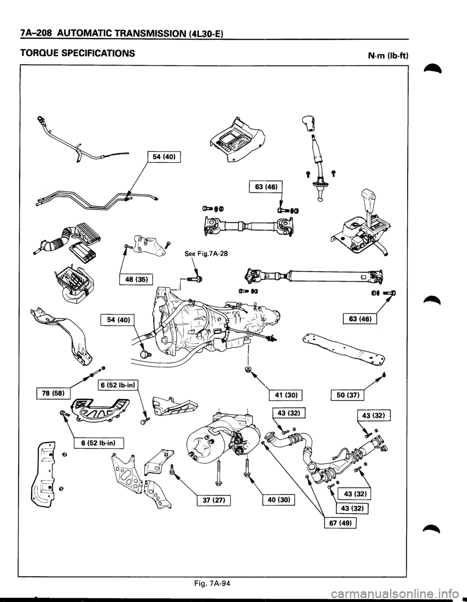 ISUZU TROOPER 1995 Workshop Manual 7 A-208 AUTOMATIC TRANSMISSION (4l30-E)
TORQUE SPECIFICATIONS
•
/r6 (52 lb·in)
~-L
~
Fig. 7A-94
N-m (lb-ft)
o;
JJI/
~ ISUZU TROOPER 1995 Workshop Manual 7 A-208 AUTOMATIC TRANSMISSION (4l30-E)
TORQUE SPECIFICATIONS
•
/r6 (52 lb·in)
~-L
~
Fig. 7A-94
N-m (lb-ft)
o;
JJI/
~