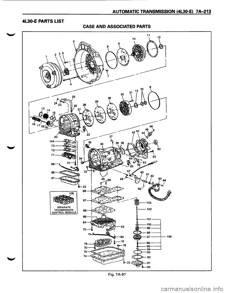 ISUZU TROOPER 1995 Workshop Manual AUTOMATIC TRANSMISSION (4L30 E)
--------~CCAJSE AND -7A-213 ASSOCIATED PARTS
4L30-E
PARTS LIST
SEPARATE
C~~f~J~ISSION MODULE
74
103
102
50
106 ISUZU TROOPER 1995 Workshop Manual AUTOMATIC TRANSMISSION (4L30 E)
--------~CCAJSE AND -7A-213 ASSOCIATED PARTS
4L30-E
PARTS LIST
SEPARATE
C~~f~J~ISSION MODULE
74
103
102
50
106