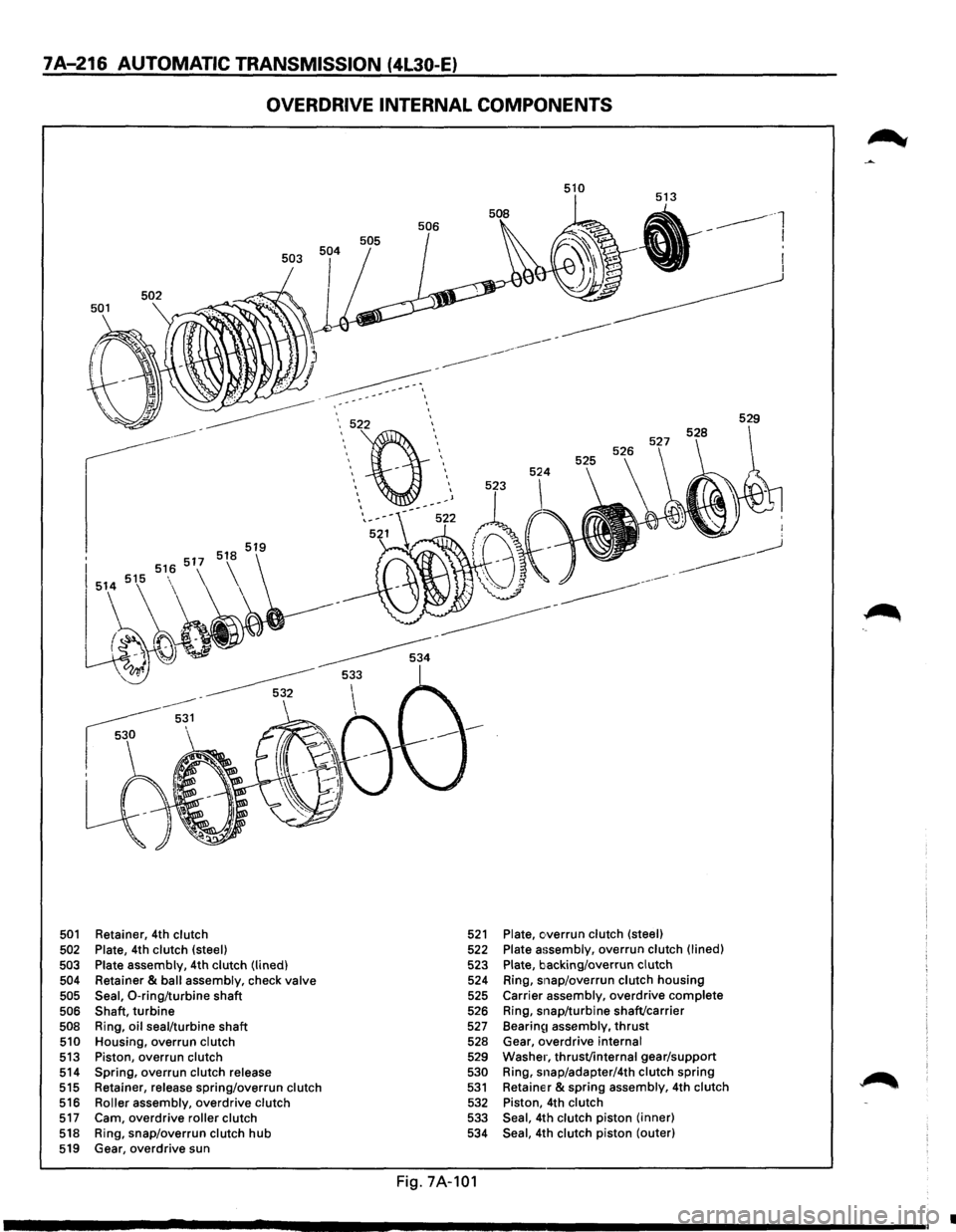 ISUZU TROOPER 1995 Workshop Manual 7A-216 AUTOMATIC TRANSMISSION (4L30-E}
OVERDRIVE INTERNAL COMPONENTS
501 Retainer, 4th clutch
502 Plate, 4th clutch (steel) 503
503 Plate assembly,
4th clutch (lined)
504 Retainer & ball a ISUZU TROOPER 1995 Workshop Manual 7A-216 AUTOMATIC TRANSMISSION (4L30-E}
OVERDRIVE INTERNAL COMPONENTS
501 Retainer, 4th clutch
502 Plate, 4th clutch (steel) 503
503 Plate assembly,
4th clutch (lined)
504 Retainer & ball a