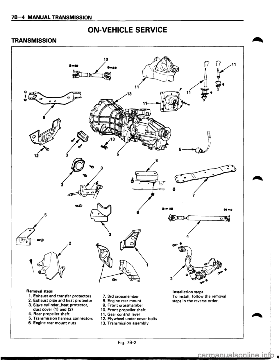 ISUZU TROOPER 1995 Workshop Manual 78-4 MANUAL TRANSMISSION
ON-VEHICLE SERVICE
TRANSMISSION
10
~··
v
"
9
r 12 5
3
5
3
2
1
Removal steps
1. Exhaust and transfer protectors
7. 3rd crossmember
2. Exhaust pipe and he ISUZU TROOPER 1995 Workshop Manual 78-4 MANUAL TRANSMISSION
ON-VEHICLE SERVICE
TRANSMISSION
10
~··
v
"
9
r 12 5
3
5
3
2
1
Removal steps
1. Exhaust and transfer protectors
7. 3rd crossmember
2. Exhaust pipe and he