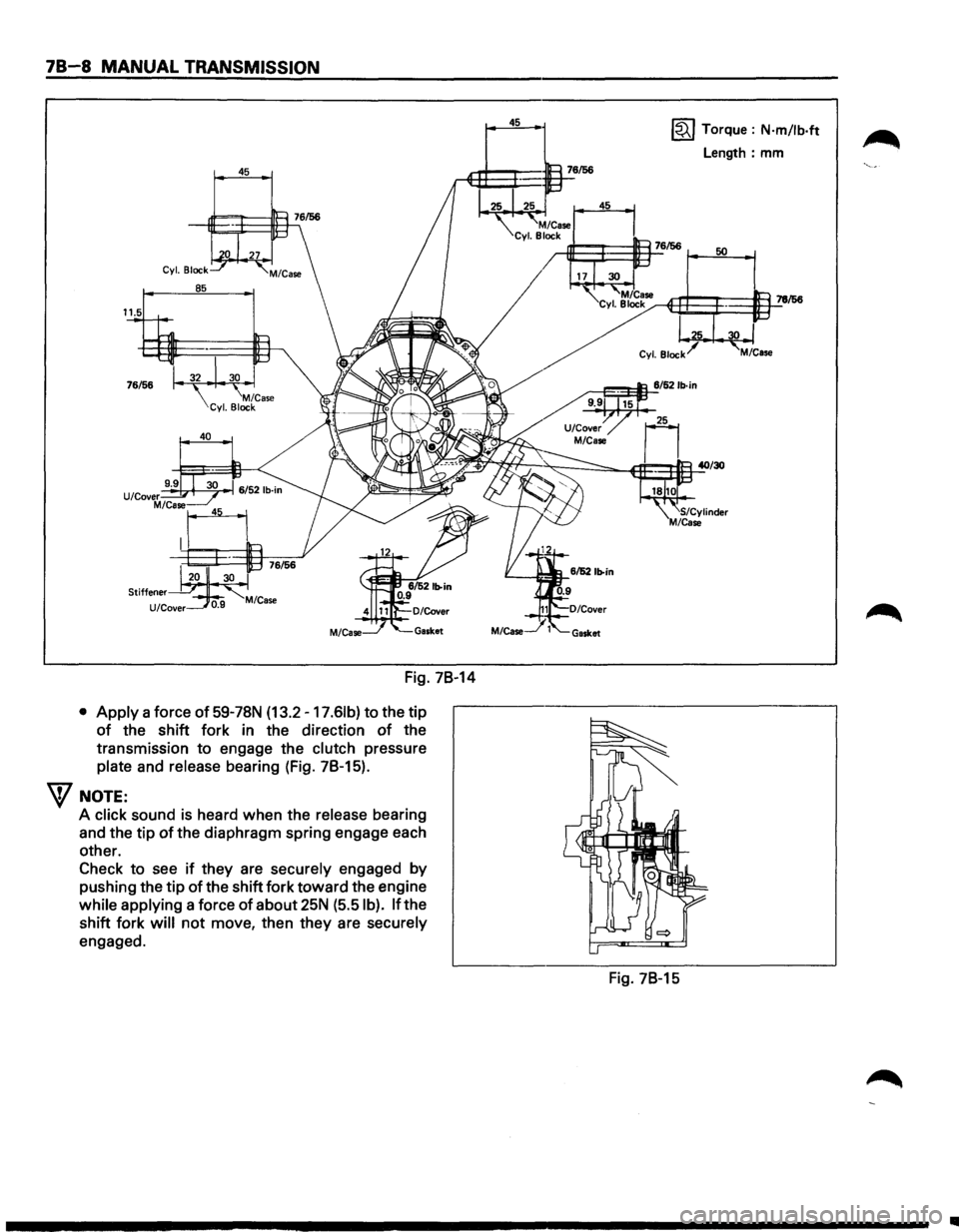 ISUZU TROOPER 1995 User Guide 78-8 MANUAL TRANSMISSION
45
Fig. 78-14
• Apply a force of 59-78N (13.2 -17.61b) to the tip
of the shift fork in the direction of the
transmission
to engage the clutch pressure
plate an ISUZU TROOPER 1995 User Guide 78-8 MANUAL TRANSMISSION
45
Fig. 78-14
• Apply a force of 59-78N (13.2 -17.61b) to the tip
of the shift fork in the direction of the
transmission
to engage the clutch pressure
plate an