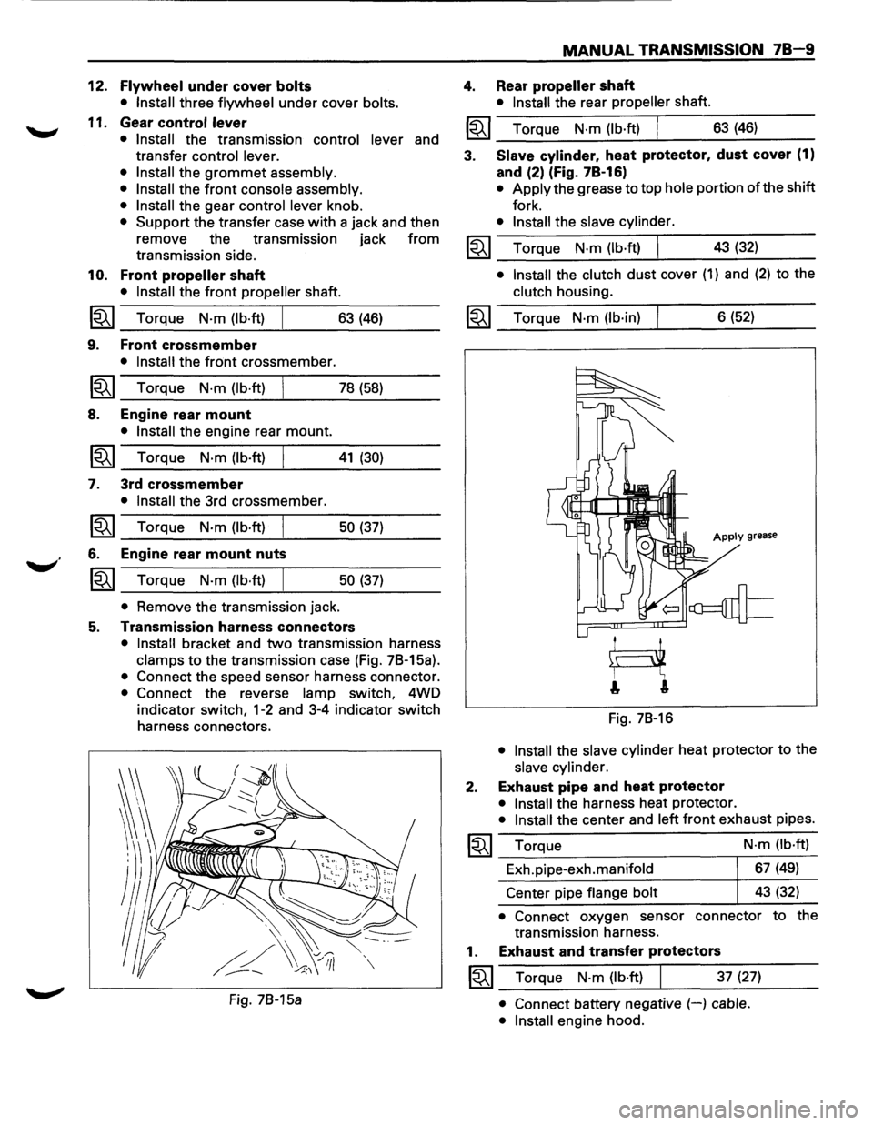 ISUZU TROOPER 1995 Service Manual 12. Flywheel under cover bolts 
•  Install 
three flywheel under  cover bolts. 
11. Gear control  lever 
•  Install 
the  transmission control  lever and 
transfer 
control  lever. 
•  Install 
