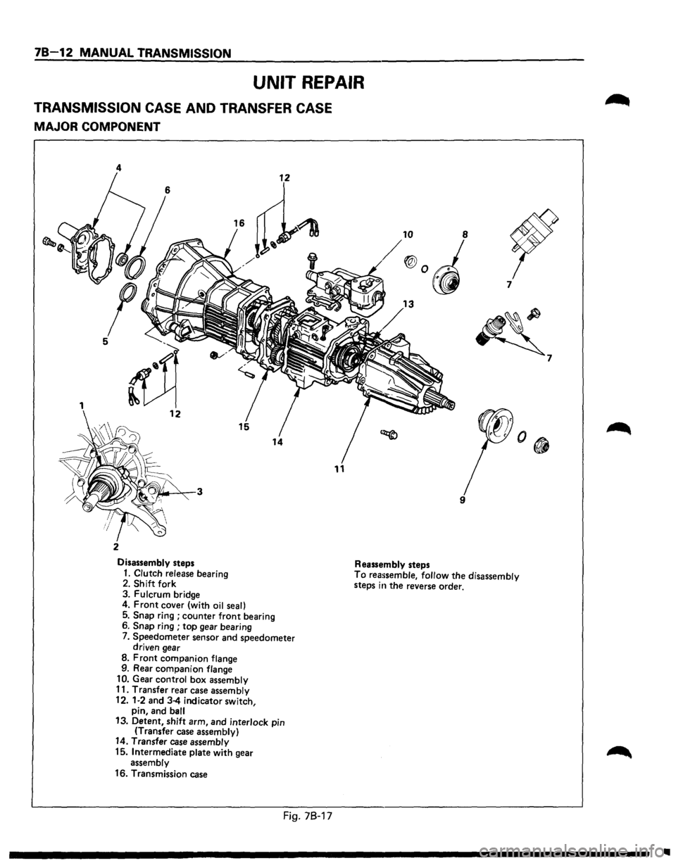 ISUZU TROOPER 1995 Workshop Manual 78-12 MANUAL TRANSMISSION
UNIT REPAIR
TRANSMISSION CASE AND TRANSFER CASE
MAJOR COMPONENT
4
11
2
Disassembly steps Reassembly steps 7
~
9
1. Clutch release
bearing 2. Shift fork
3. Fulc ISUZU TROOPER 1995 Workshop Manual 78-12 MANUAL TRANSMISSION
UNIT REPAIR
TRANSMISSION CASE AND TRANSFER CASE
MAJOR COMPONENT
4
11
2
Disassembly steps Reassembly steps 7
~
9
1. Clutch release
bearing 2. Shift fork
3. Fulc