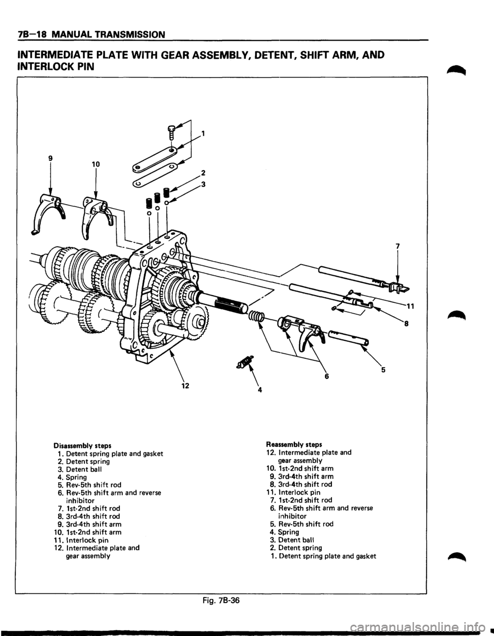 ISUZU TROOPER 1995 Workshop Manual 78-18 MANUAL TRANSMISSION
INTERMEDIATE PLATE WITH GEAR ASSEMBLY, DETENT, SHIFT ARM, AND
INTERLOCK PIN
9 10
Disassembly steps
1. Detent spring plate and gasket
2. Detent spring
3. Detent b ISUZU TROOPER 1995 Workshop Manual 78-18 MANUAL TRANSMISSION
INTERMEDIATE PLATE WITH GEAR ASSEMBLY, DETENT, SHIFT ARM, AND
INTERLOCK PIN
9 10
Disassembly steps
1. Detent spring plate and gasket
2. Detent spring
3. Detent b