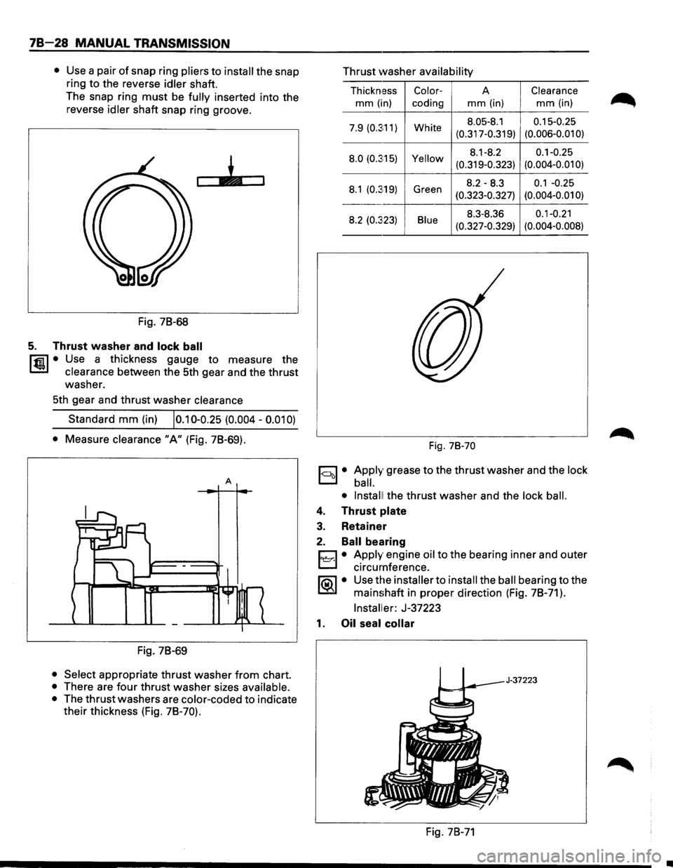 ISUZU TROOPER 1995 Workshop Manual 78-28 MANUAL TRANSMISSION
• Use a pair of snap ring pliers to install the snap
ring to the reverse
idler shaft.
The snap ring
must be fully inserted into the
reverse
idler shaft snap r ISUZU TROOPER 1995 Workshop Manual 78-28 MANUAL TRANSMISSION
• Use a pair of snap ring pliers to install the snap
ring to the reverse
idler shaft.
The snap ring
must be fully inserted into the
reverse
idler shaft snap r