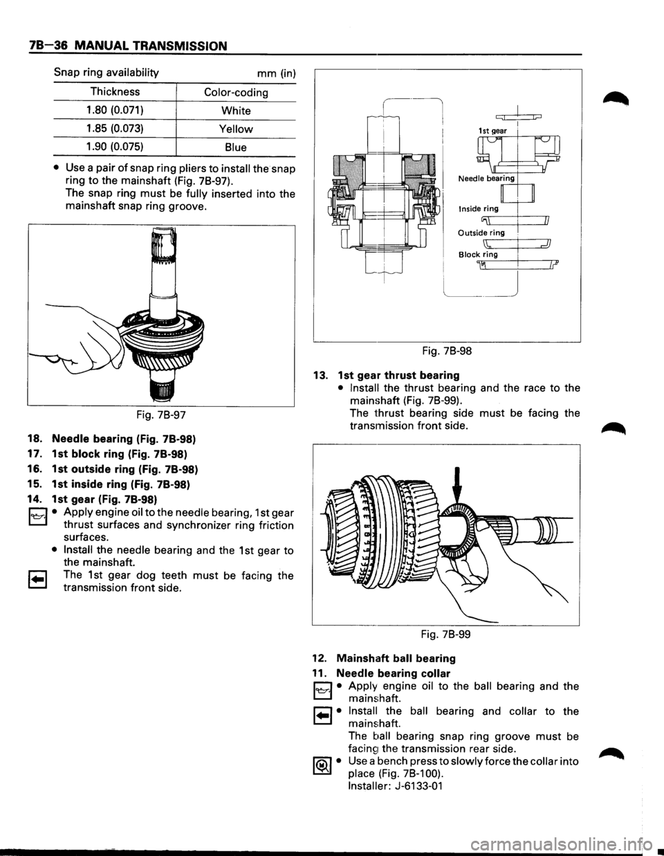 ISUZU TROOPER 1995 Workshop Manual 78-36 MANUAL TRANSMISSION
Snap ring availability mm (in)
Thickness
Color-coding
1.80 (0.071)
White
1.85
(0.073) Yellow
1.90 (0.075)
Blue
•
Use a pair of snap ring pliers to install t ISUZU TROOPER 1995 Workshop Manual 78-36 MANUAL TRANSMISSION
Snap ring availability mm (in)
Thickness
Color-coding
1.80 (0.071)
White
1.85
(0.073) Yellow
1.90 (0.075)
Blue
•
Use a pair of snap ring pliers to install t