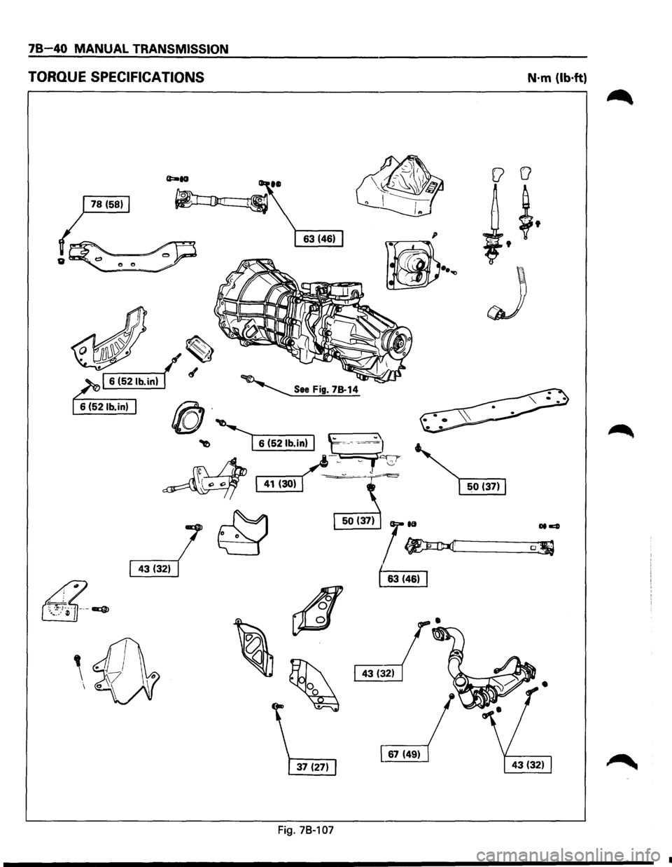 ISUZU TROOPER 1995 Workshop Manual JB 40 MANUAL TRANSMISSION
TORQUE SPECIFICATIONS
~ ~6314611
4
\·
~
[ 67 (49)
Fig. 78-107
N·m (lb·ft)
0.
• ISUZU TROOPER 1995 Workshop Manual JB 40 MANUAL TRANSMISSION
TORQUE SPECIFICATIONS
~ ~6314611
4
\·
~
[ 67 (49)
Fig. 78-107
N·m (lb·ft)
0.
•