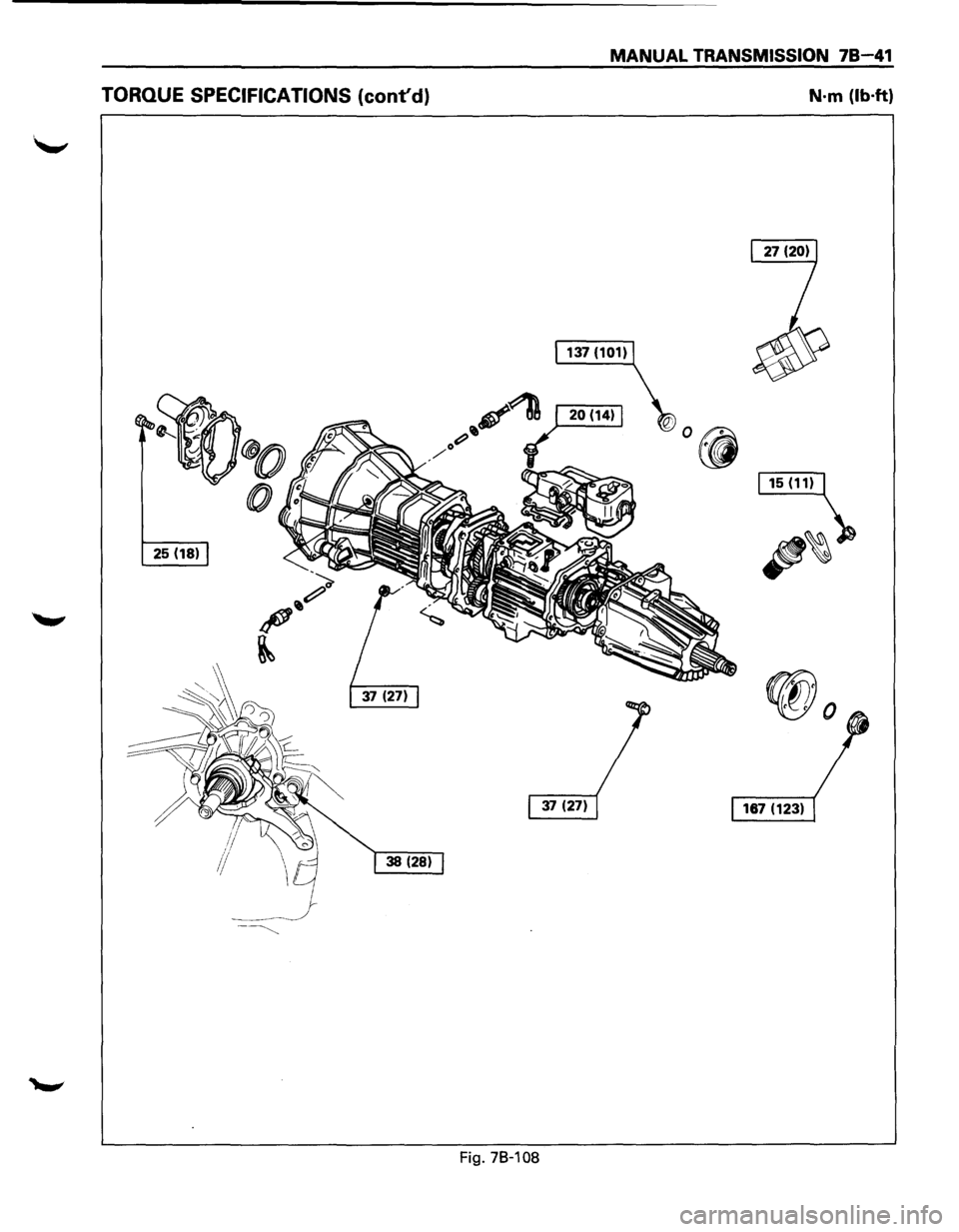ISUZU TROOPER 1995 Workshop Manual MANUAL TRANSMISSION 78-41
TORQUE SPECIFICATIONS (contd) N·m (lb·ft)
25 (18)
Fig. 78-108 ISUZU TROOPER 1995 Workshop Manual MANUAL TRANSMISSION 78-41
TORQUE SPECIFICATIONS (contd) N·m (lb·ft)
25 (18)
Fig. 78-108