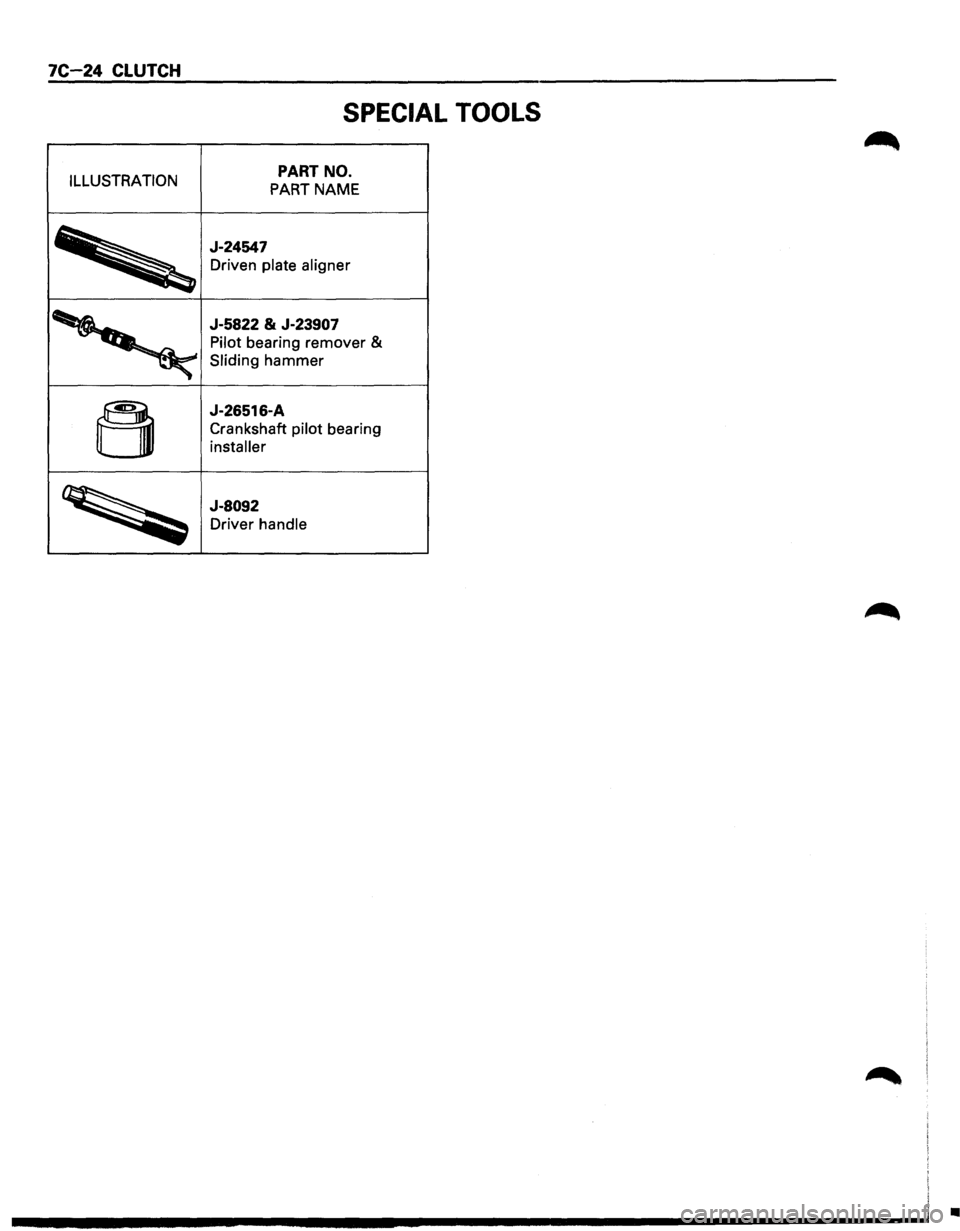 ISUZU TROOPER 1995 Workshop Manual 7C-24 CLUTCH
ILLUSTRATION
SPECIAL TOOLS
PART NO.
PART NAME
J-24547 Driven
plate aligner
J-5822 & J-23907
Pilot bearing remover &
Sliding hammer
J-26516-A Crankshaft
pilot bearing
instal ISUZU TROOPER 1995 Workshop Manual 7C-24 CLUTCH
ILLUSTRATION
SPECIAL TOOLS
PART NO.
PART NAME
J-24547 Driven
plate aligner
J-5822 & J-23907
Pilot bearing remover &
Sliding hammer
J-26516-A Crankshaft
pilot bearing
instal