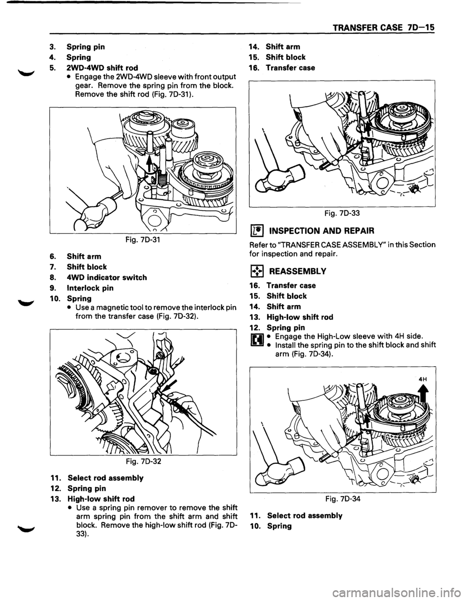 ISUZU TROOPER 1995 Owners Manual 3. Spring pin
4. Spring
5. 2WD-4WD shift rod
• Engage the 2W0-4WO sleeve with front output
gear. Remove the spring pin from the
block.
Remove the shift rod (Fig. 70-31 ).
Fig. 70-31
6 ISUZU TROOPER 1995 Owners Manual 3. Spring pin
4. Spring
5. 2WD-4WD shift rod
• Engage the 2W0-4WO sleeve with front output
gear. Remove the spring pin from the
block.
Remove the shift rod (Fig. 70-31 ).
Fig. 70-31
6