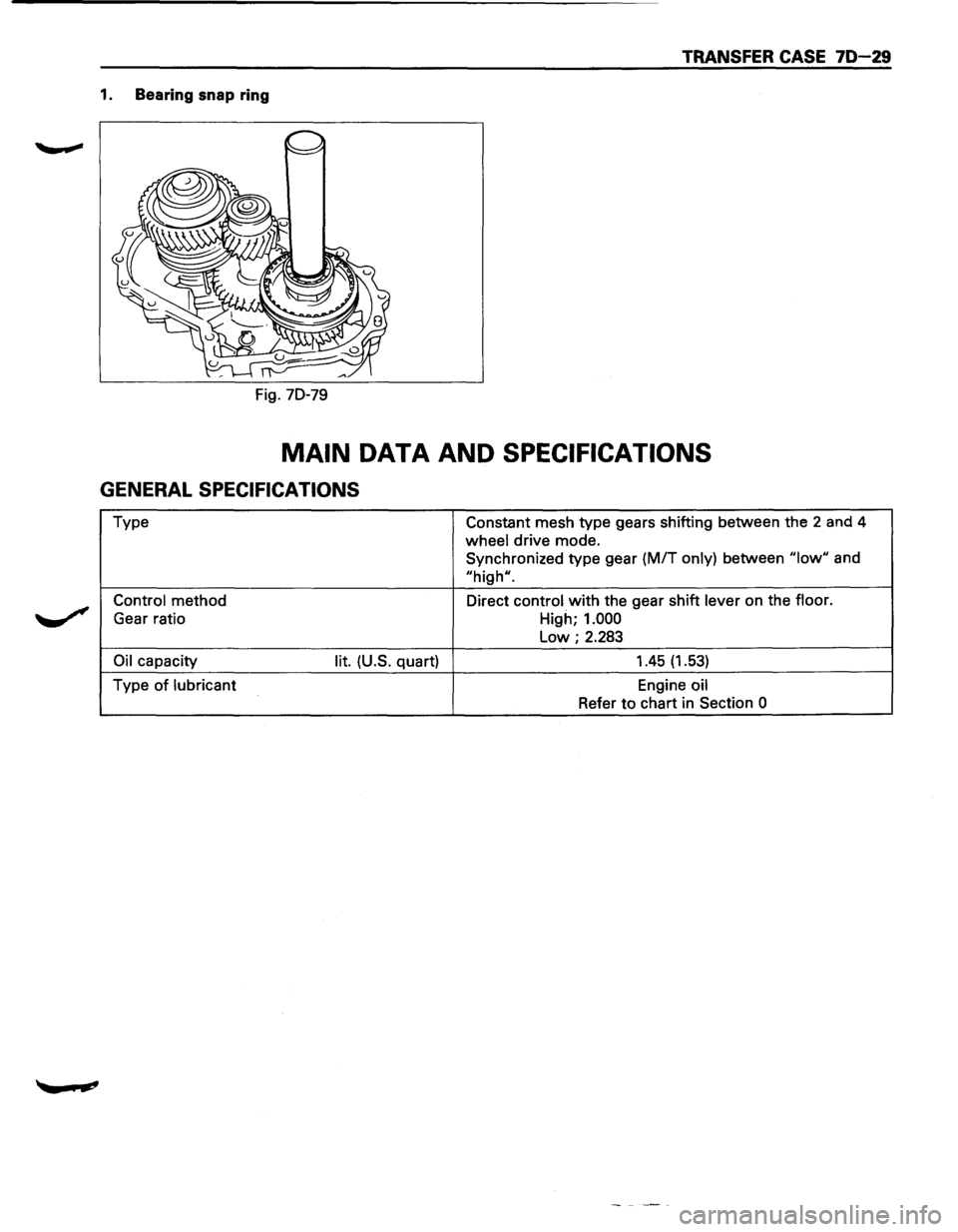 ISUZU TROOPER 1995 Workshop Manual TRANSFER CASE 70-29
1. Bearing snap ring
Fig. 70-79
MAIN DATA AND SPECIFICATIONS
GENERAL SPECIFICATIONS
Type Constant mesh type gears shifting between the 2 and 4
wheel drive mode.
Synchr ISUZU TROOPER 1995 Workshop Manual TRANSFER CASE 70-29
1. Bearing snap ring
Fig. 70-79
MAIN DATA AND SPECIFICATIONS
GENERAL SPECIFICATIONS
Type Constant mesh type gears shifting between the 2 and 4
wheel drive mode.
Synchr