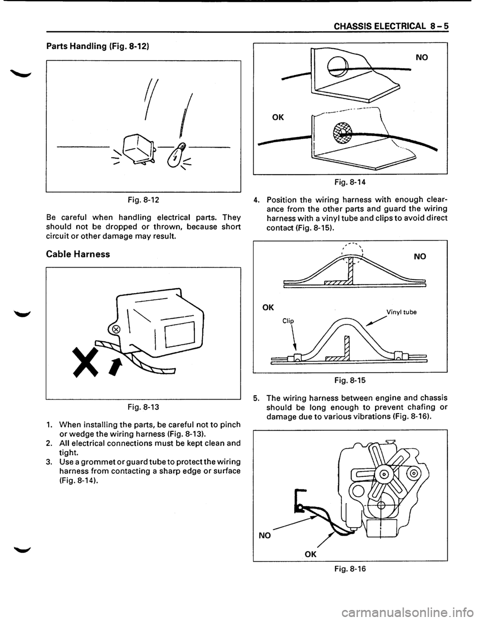 ISUZU TROOPER 1995  Workshop Manual Parts Handling  (Fig. 8-12) 
Fig. 8-12 
Be careful  when handling  electrical  parts. They 
should 
not be  dropped or thrown, because  short 
circuit 
or other damage  may result. 
Cable Harness 
--
