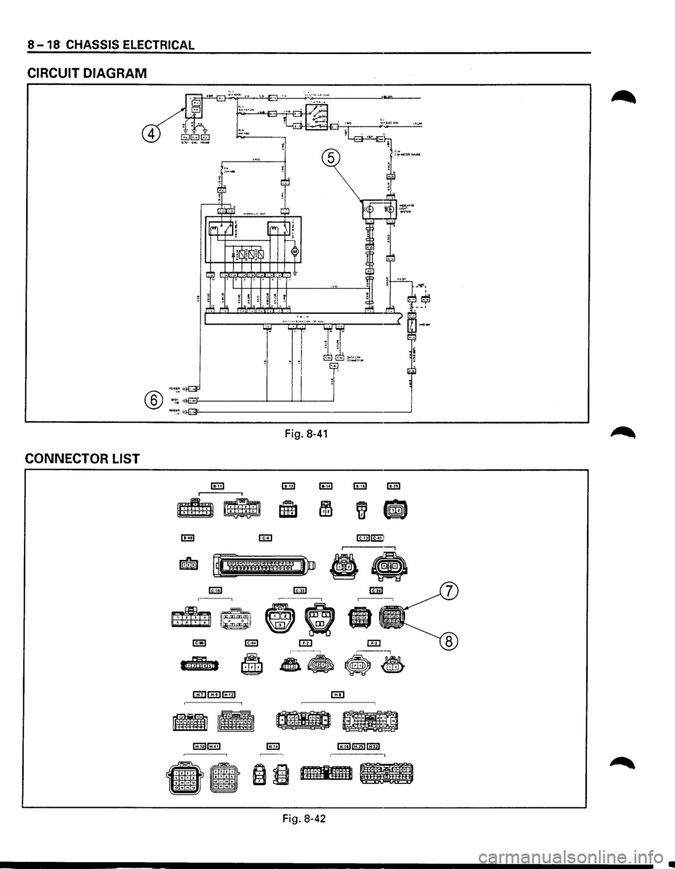 ISUZU TROOPER 1995 Service Manual 8 -18 CHASSIS  ELECTRICAL 
CIRCUIT DIAGRAM 
opllM! 
4 
® ·:; ::flli:~j}-o: -------__J_---- 
~~ •11-E~··•;Jf'-' ----------------- 
CONNECTOR  LIST 
Fig. 8-41 
lEI [E] lmiEill -, 
~ 