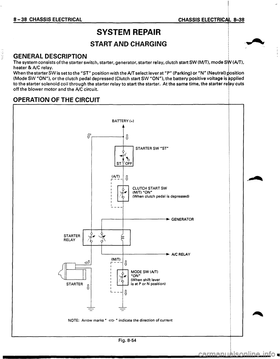 ISUZU TROOPER 1995 Owners Guide 8-38 CHASSIS ELECTRICAL
GENERAL DESCRIPTION
SYSTEM REPAIR
START AND CHARGING
CHASSIS ELECTRIC L 8-38
The system consists ofthe starter switch, starter, generator, starter relay, clutch start ISUZU TROOPER 1995 Owners Guide 8-38 CHASSIS ELECTRICAL
GENERAL DESCRIPTION
SYSTEM REPAIR
START AND CHARGING
CHASSIS ELECTRIC L 8-38
The system consists ofthe starter switch, starter, generator, starter relay, clutch start
