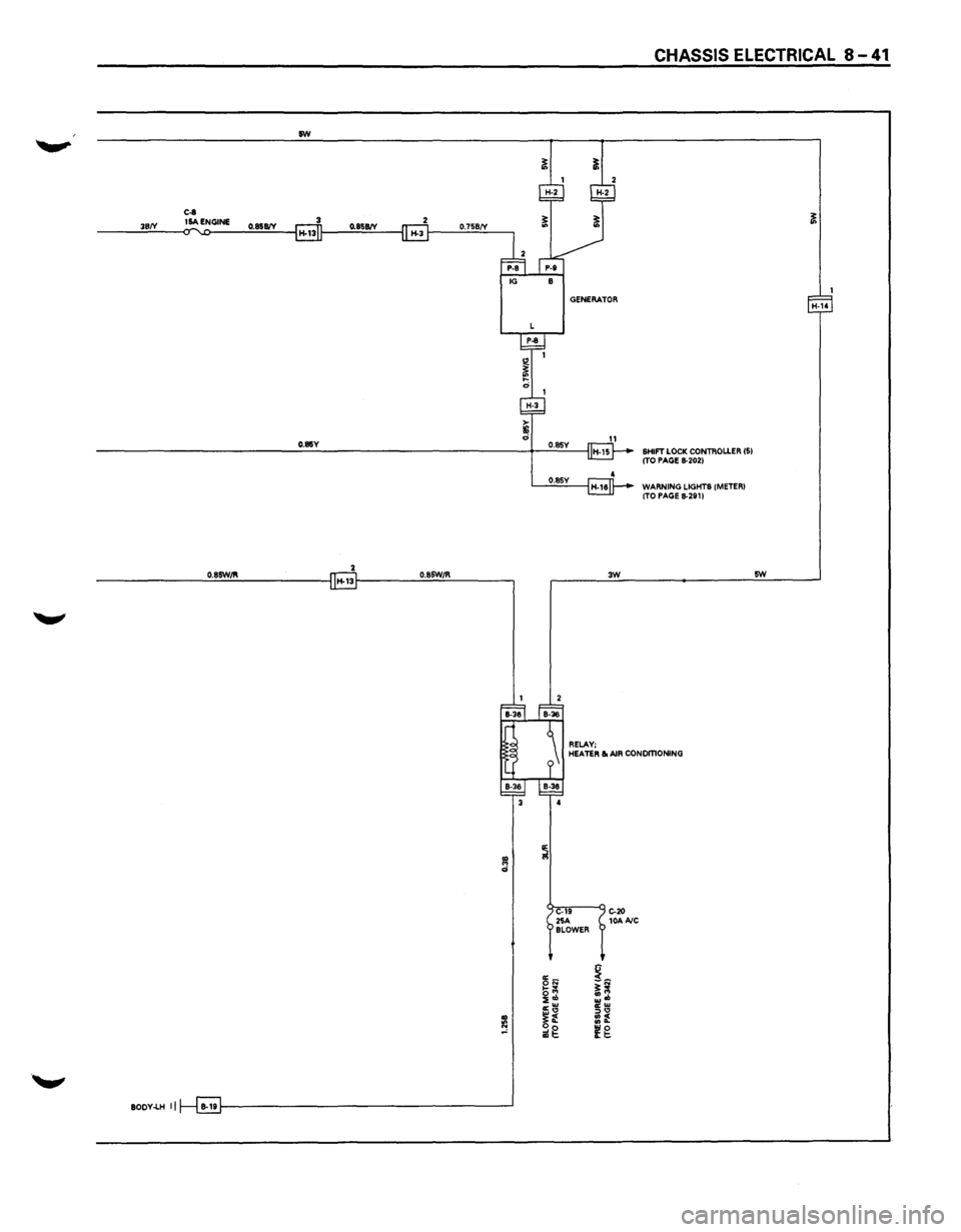 ISUZU TROOPER 1995 Workshop Manual rw
0.85Y
----------------~o~.s~rw~~~-------------l ~13r---------~o-~s~rw~~~--------~
.,
., d
., le "
BOOY-LH II
GENERATOR
0.85Y
0.85Y
3W
RELAY;
CHASSIS ELECTRICAL 8-41
SHIFT LOCK CONTR ISUZU TROOPER 1995 Workshop Manual rw
0.85Y
----------------~o~.s~rw~~~-------------l ~13r---------~o-~s~rw~~~--------~
.,
., d
., le "
BOOY-LH II
GENERATOR
0.85Y
0.85Y
3W
RELAY;
CHASSIS ELECTRICAL 8-41
SHIFT LOCK CONTR