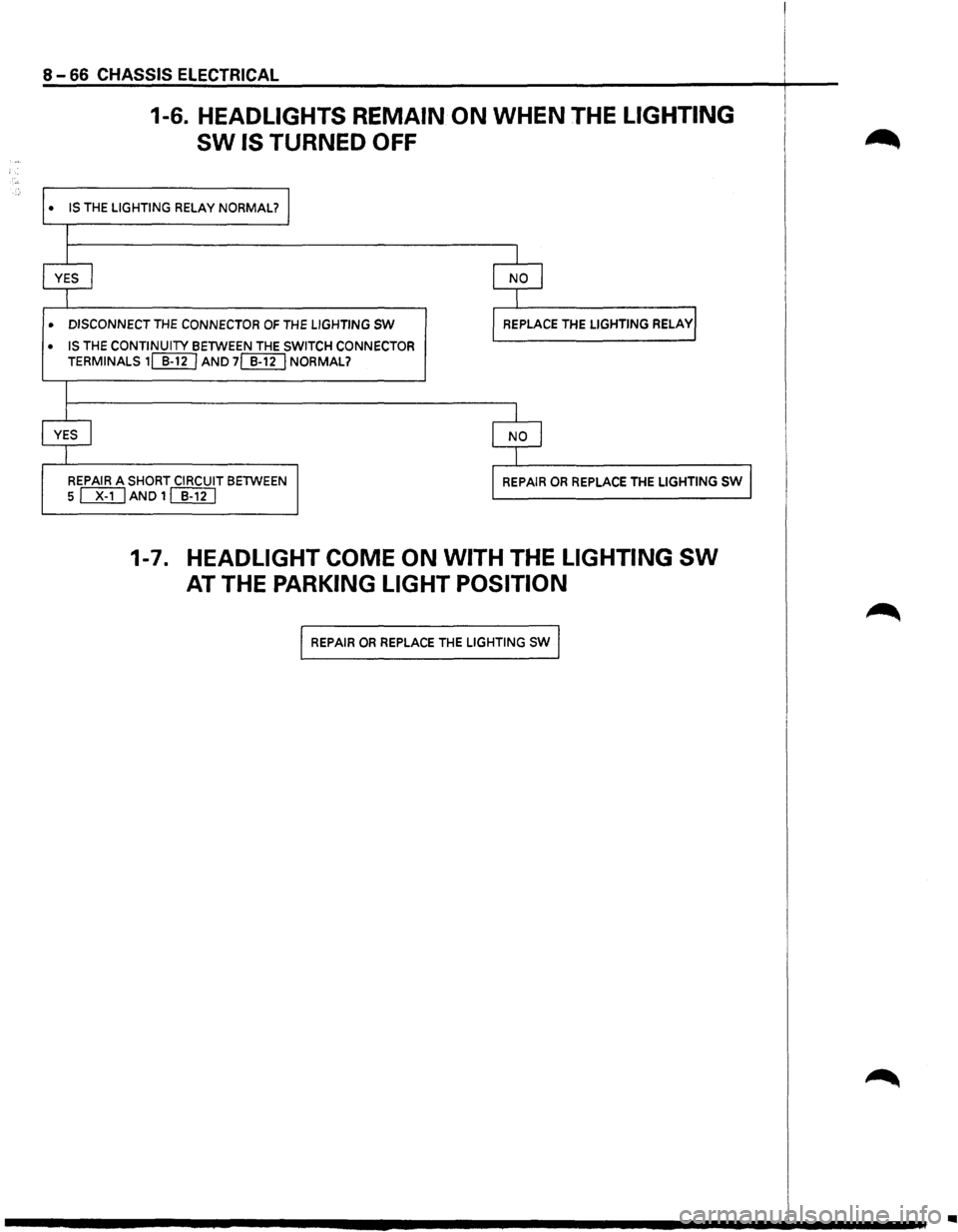 ISUZU TROOPER 1995 Workshop Manual 8 -66 CHASSIS ELECTRICAL
•
•
•
1-6. HEADLIGHTS REMAIN ON WHEN THE LIGHTING
SW IS TURNED OFF
IS THE LIGHTING RELAY NORMAL? I
I
I I
YES I I NO J
I I
DISCONNECT THE CONNECTOR OF THE ISUZU TROOPER 1995 Workshop Manual 8 -66 CHASSIS ELECTRICAL
•
•
•
1-6. HEADLIGHTS REMAIN ON WHEN THE LIGHTING
SW IS TURNED OFF
IS THE LIGHTING RELAY NORMAL? I
I
I I
YES I I NO J
I I
DISCONNECT THE CONNECTOR OF THE