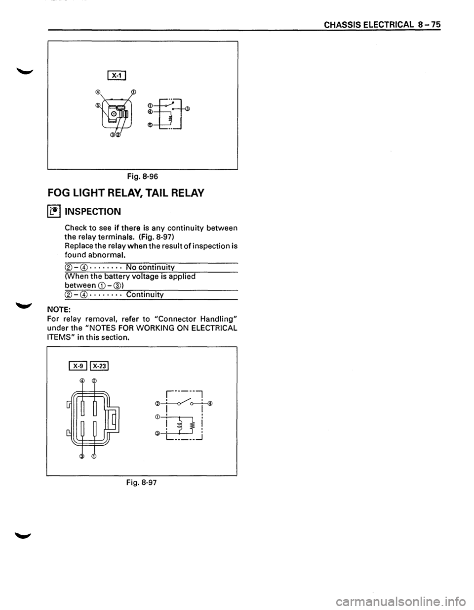 ISUZU TROOPER 1995 User Guide <Dn·~ @ .
G) ••• J
Fig. 8-96
FOG LIGHT RELAY, TAIL RELAY
~ INSPECTION
Check to see if there is any continuity between
the relay terminals. (Fig. 8-97)
Replace the relay
when the re ISUZU TROOPER 1995 User Guide <Dn·~ @ .
G) ••• J
Fig. 8-96
FOG LIGHT RELAY, TAIL RELAY
~ INSPECTION
Check to see if there is any continuity between
the relay terminals. (Fig. 8-97)
Replace the relay
when the re