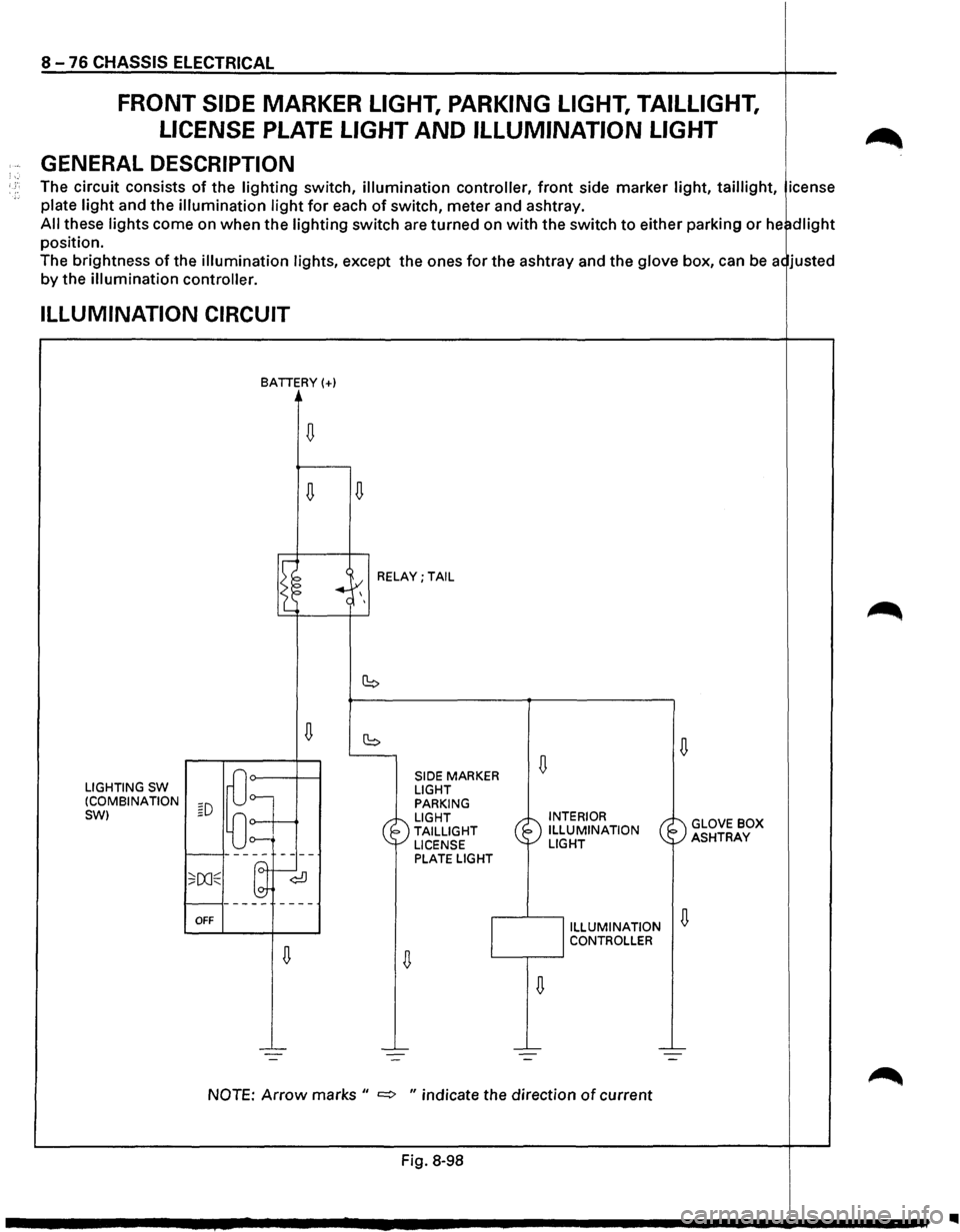 ISUZU TROOPER 1995 Workshop Manual 8 -76 CHASSIS ELECTRICAL
FRONT SIDE MARKER LIGHT, PARKING LIGHT, TAILLIGHT,
LICENSE
PLATE LIGHT AND ILLUMINATION LIGHT
· GENERAL DESCRIPTION ;·. · ;. The circuit consists of the lighting sw ISUZU TROOPER 1995 Workshop Manual 8 -76 CHASSIS ELECTRICAL
FRONT SIDE MARKER LIGHT, PARKING LIGHT, TAILLIGHT,
LICENSE
PLATE LIGHT AND ILLUMINATION LIGHT
· GENERAL DESCRIPTION ;·. · ;. The circuit consists of the lighting sw
