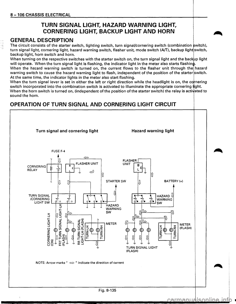 ISUZU TROOPER 1995 Workshop Manual 8 - 1 06 CHASSIS ELECTRICAL
TURN SIGNAL LIGHT, HAZARD WARNING LIGHT,
CORNERING LIGHT,
BACKUP LIGHT AND HORN
GENERAL DESCRIPTION
The circuit consists of the starter switch, lighting switch, t ISUZU TROOPER 1995 Workshop Manual 8 - 1 06 CHASSIS ELECTRICAL
TURN SIGNAL LIGHT, HAZARD WARNING LIGHT,
CORNERING LIGHT,
BACKUP LIGHT AND HORN
GENERAL DESCRIPTION
The circuit consists of the starter switch, lighting switch, t