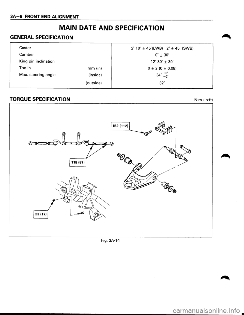 ISUZU TROOPER 1995 Owners Manual 3A-6 FRONT END ALIGNMENT
MAIN DATE AND SPECIFICATION
GENERAL SPECIFICATION
Caster
Camber
King pin inclination
Toe-in
Max. steering
angle
TORQUE SPECIFICATION
mm (in)
(inside)
(outside)
2 ISUZU TROOPER 1995 Owners Manual 3A-6 FRONT END ALIGNMENT
MAIN DATE AND SPECIFICATION
GENERAL SPECIFICATION
Caster
Camber
King pin inclination
Toe-in
Max. steering
angle
TORQUE SPECIFICATION
mm (in)
(inside)
(outside)
2