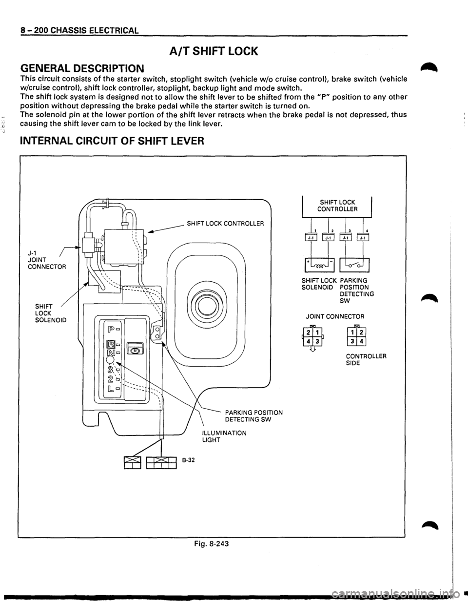 ISUZU TROOPER 1995 Repair Manual 8 -200 CHASSIS ELECTRICAl
A/T SHIFT LOCK
GENERAL DESCRIPTION
This circuit consists of the starter switch, stoplight switch (vehicle w/o cruise control), brake switch (vehicle
w/cruise con ISUZU TROOPER 1995 Repair Manual 8 -200 CHASSIS ELECTRICAl
A/T SHIFT LOCK
GENERAL DESCRIPTION
This circuit consists of the starter switch, stoplight switch (vehicle w/o cruise control), brake switch (vehicle
w/cruise con
