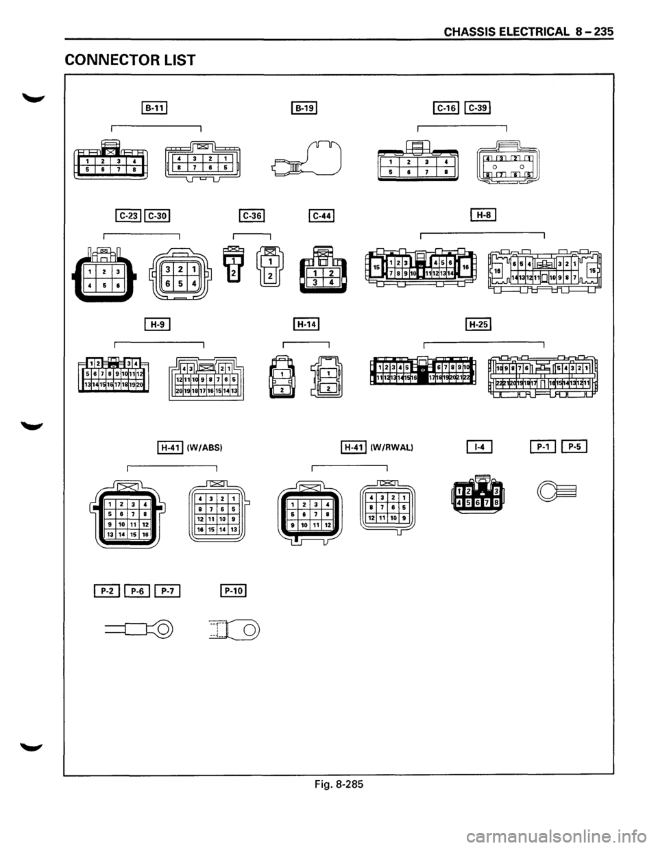 ISUZU TROOPER 1995 Workshop Manual CONNECTOR LIST
~
~
I H-411 (W/ABSI
~
4 3 2
8 7 6 1 5 12 11 10 9 16 15
14 13
I H-411 (W/RWALI
b
Fig. 8-285
CHASSIS ELECTRICAL 8 -235
~
~ ISUZU TROOPER 1995 Workshop Manual CONNECTOR LIST
~
~
I H-411 (W/ABSI
~
4 3 2
8 7 6 1 5 12 11 10 9 16 15
14 13
I H-411 (W/RWALI
b
Fig. 8-285
CHASSIS ELECTRICAL 8 -235
~
~