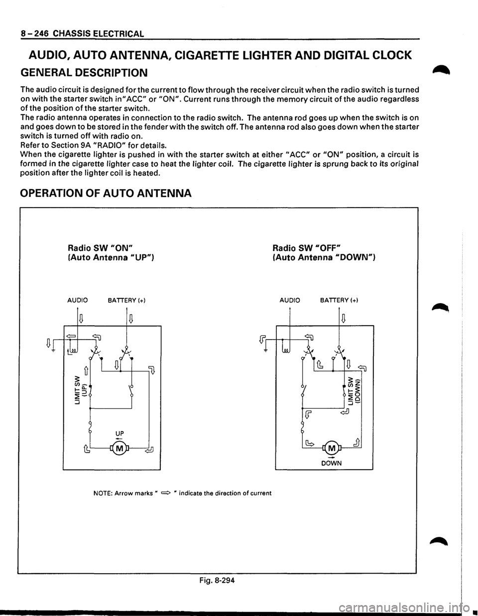 ISUZU TROOPER 1995 Workshop Manual 8-246 CHASSIS ELECTRICAL
AUDIO, AUTO ANTENNA, CIGARETTE LIGHTER AND DIGITAL CLOCK
GENERAL DESCRIPTION
The audio circuit is designed for the current to flow through the receiver circuit when t ISUZU TROOPER 1995 Workshop Manual 8-246 CHASSIS ELECTRICAL
AUDIO, AUTO ANTENNA, CIGARETTE LIGHTER AND DIGITAL CLOCK
GENERAL DESCRIPTION
The audio circuit is designed for the current to flow through the receiver circuit when t