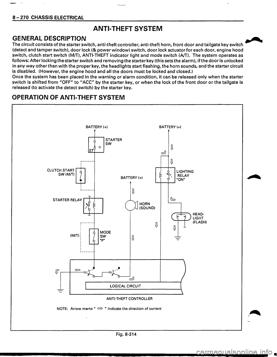 ISUZU TROOPER 1995  Workshop Manual 8-270 CHASSIS  ELECTRICAL 
ANTI-THEFT  SYSTEM 
GENERAL DESCRIPTION ....... 
The circuit  consists ofthe starter  switch,  anti-theft  controller,  anti-theft horn, front door and tailgate  key switch 