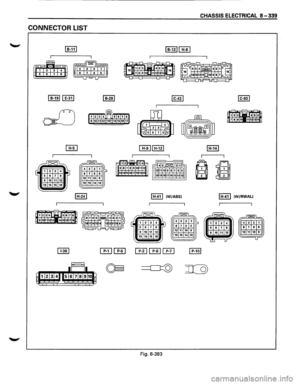 ISUZU TROOPER 1995 Workshop Manual CONNECTOR LIST
12 11 10 16 15 ,. 13
I H-411 (W/ABSI
Fig. 8-393
12 11 10 9 16 15 ,, 13
CHASSIS ELECTRICAL 8-339
I H-411 (W/RWALI ISUZU TROOPER 1995 Workshop Manual CONNECTOR LIST
12 11 10 16 15 ,. 13
I H-411 (W/ABSI
Fig. 8-393
12 11 10 9 16 15 ,, 13
CHASSIS ELECTRICAL 8-339
I H-411 (W/RWALI