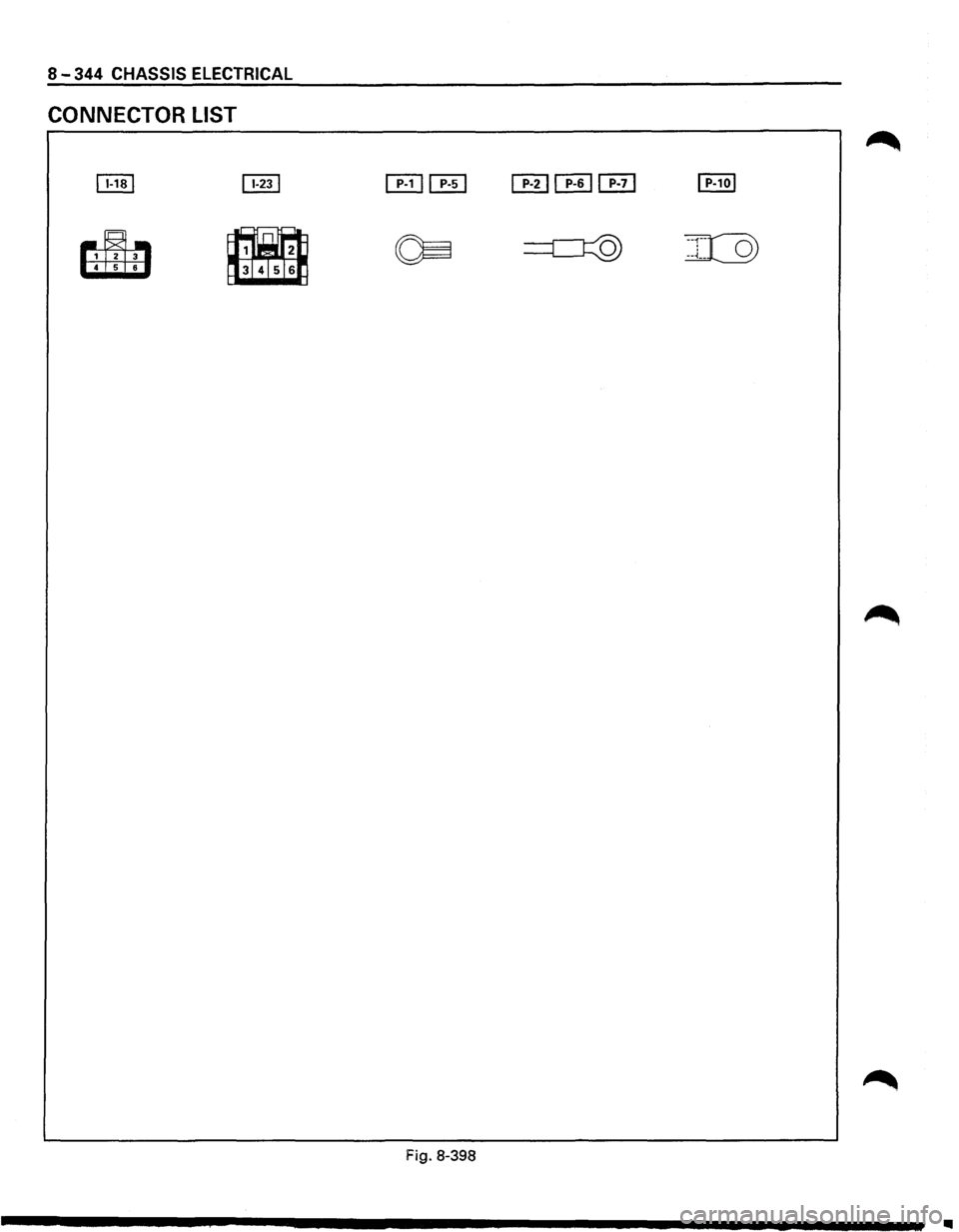 ISUZU TROOPER 1995  Workshop Manual 8-344 CHASSIS ELECTRICAL 
CONNECTOR  LIST 
~ 
~ 
Fig. 8-398 
..  