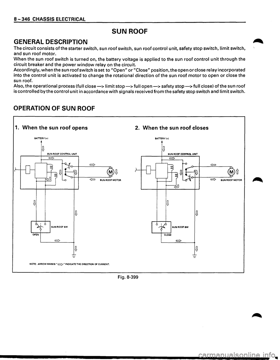 ISUZU TROOPER 1995 Workshop Manual 8-346 CHASSIS ELECTRICAL
SUN ROOF
GENERAL DESCRIPTION
The circuit consists of the starter switch, sun roof switch, sun roof control unit, safety stop switch, limit switch,
and sun roof mot ISUZU TROOPER 1995 Workshop Manual 8-346 CHASSIS ELECTRICAL
SUN ROOF
GENERAL DESCRIPTION
The circuit consists of the starter switch, sun roof switch, sun roof control unit, safety stop switch, limit switch,
and sun roof mot