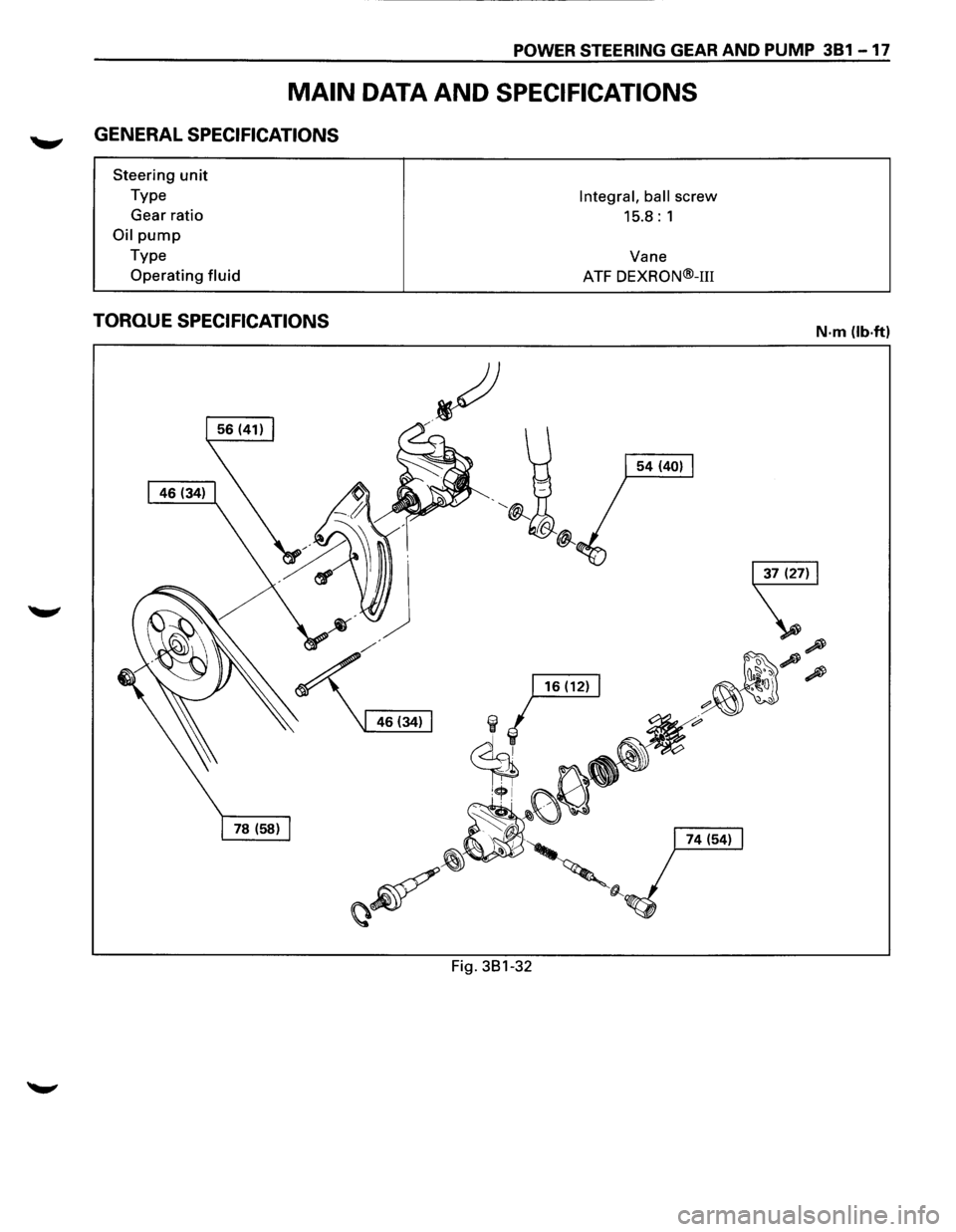 ISUZU TROOPER 1995 Owners Guide POWER STEERING GEAR AND PUMP 381-17 
MAIN DATA AND SPECIFICATIONS 
GENERAL SPECIFICATIONS 
Steering unit 
Type 
Gear  ratio 
Oil pump 
Type 
Operating 
fluid 
TORQUE SPECIFICATIONS 
Fig.  381-32 
Inte