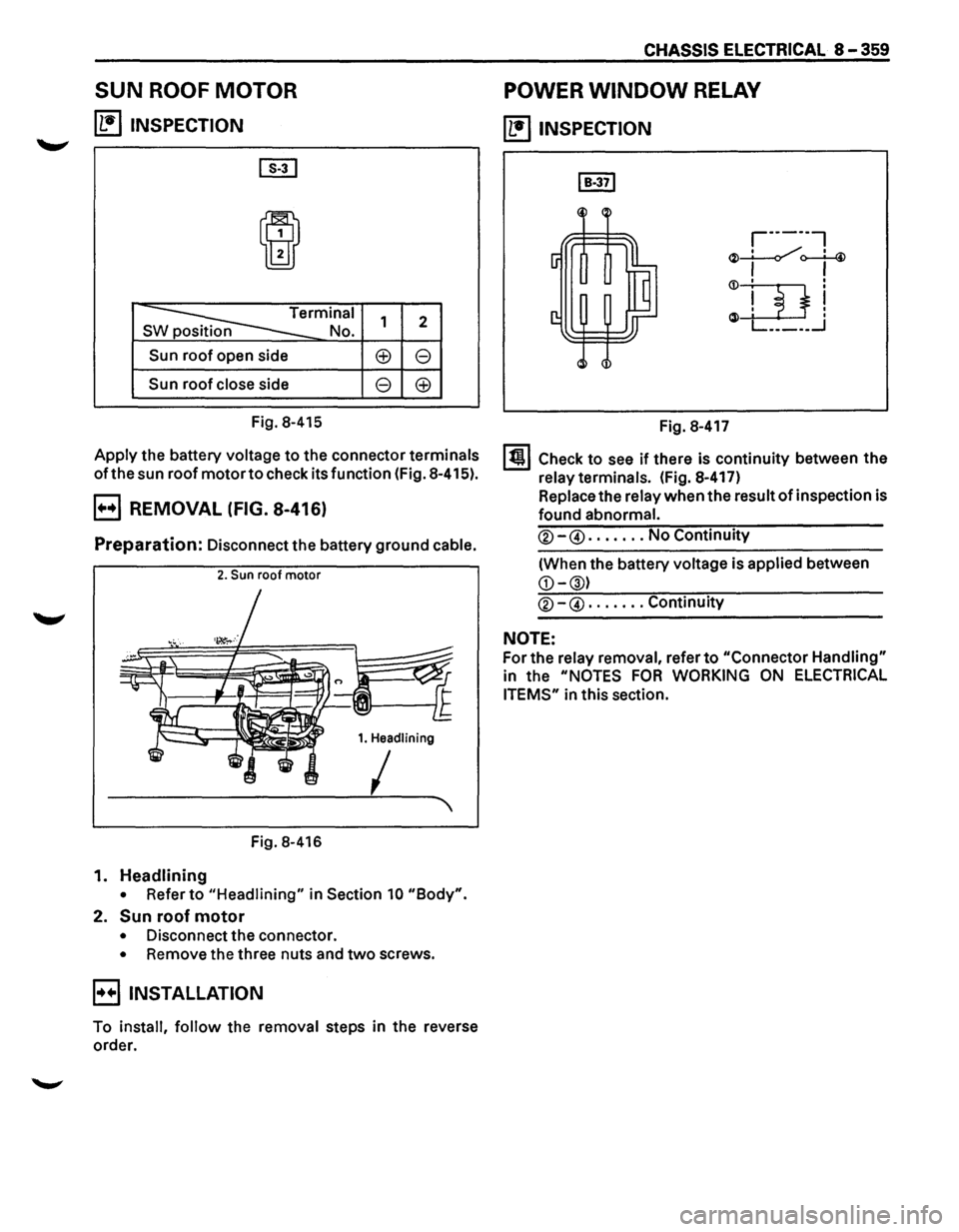 ISUZU TROOPER 1995 User Guide SUN ROOF MOTOR 
~ INSPECTION 
[]1] 
I 
~rminal 
S p No. 
Sun roof open side 
Sun roof close  side 
Fig.  8-415  1 
2 
~ 8 
8 
~ 
Apply the battery voltage to the connector terminals 
ofthe sun roof mo