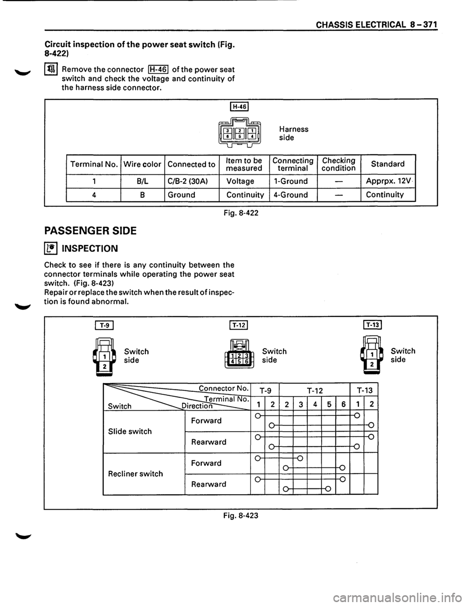 ISUZU TROOPER 1995 Workshop Manual Circuit inspection of the power seat switch (Fig.
8-422)
lti!.l Remove the connector IH-461 ofthe power seat
switch and check the
voltage and continuity of
the harness side connector.
I H-46 ISUZU TROOPER 1995 Workshop Manual Circuit inspection of the power seat switch (Fig.
8-422)
lti!.l Remove the connector IH-461 ofthe power seat
switch and check the
voltage and continuity of
the harness side connector.
I H-46