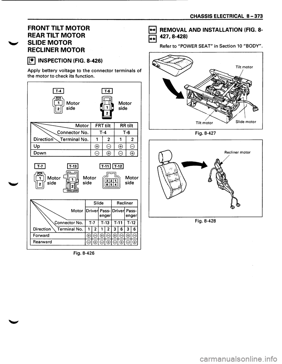 ISUZU TROOPER 1995 Workshop Manual FRONT TILT MOTOR
REAR TILT MOTOR
~ SLIDE MOTOR
RECLINER MOTOR
~ INSPECTION (FIG. 8-426)
Apply bettery voltage to the connector terminals of
the motor to check its function.
[BJ
ffl ~otor
10 ISUZU TROOPER 1995 Workshop Manual FRONT TILT MOTOR
REAR TILT MOTOR
~ SLIDE MOTOR
RECLINER MOTOR
~ INSPECTION (FIG. 8-426)
Apply bettery voltage to the connector terminals of
the motor to check its function.
[BJ
ffl ~otor
10