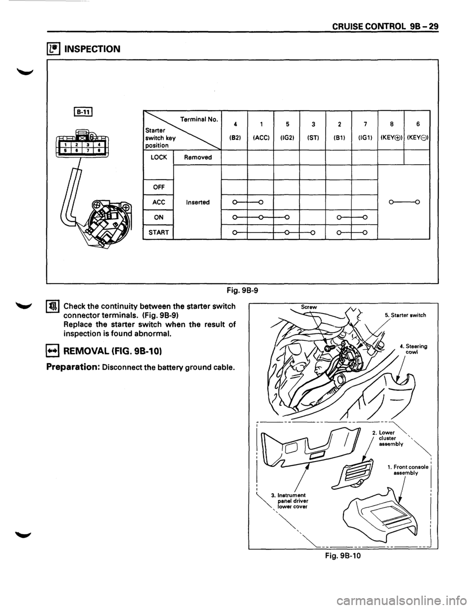 ISUZU TROOPER 1995  Workshop Manual ~ INSPECTION 
I B-111 
~ 
4 1 
(82) 
IACCI 
LOCK Removed 
OFF 
ACC Inserted 
ON -
START 
Fig.  98-9 
I t!l Check the continuity between  the starter  switch 
connector 
terminals. (fig. 98-9) 
Replace