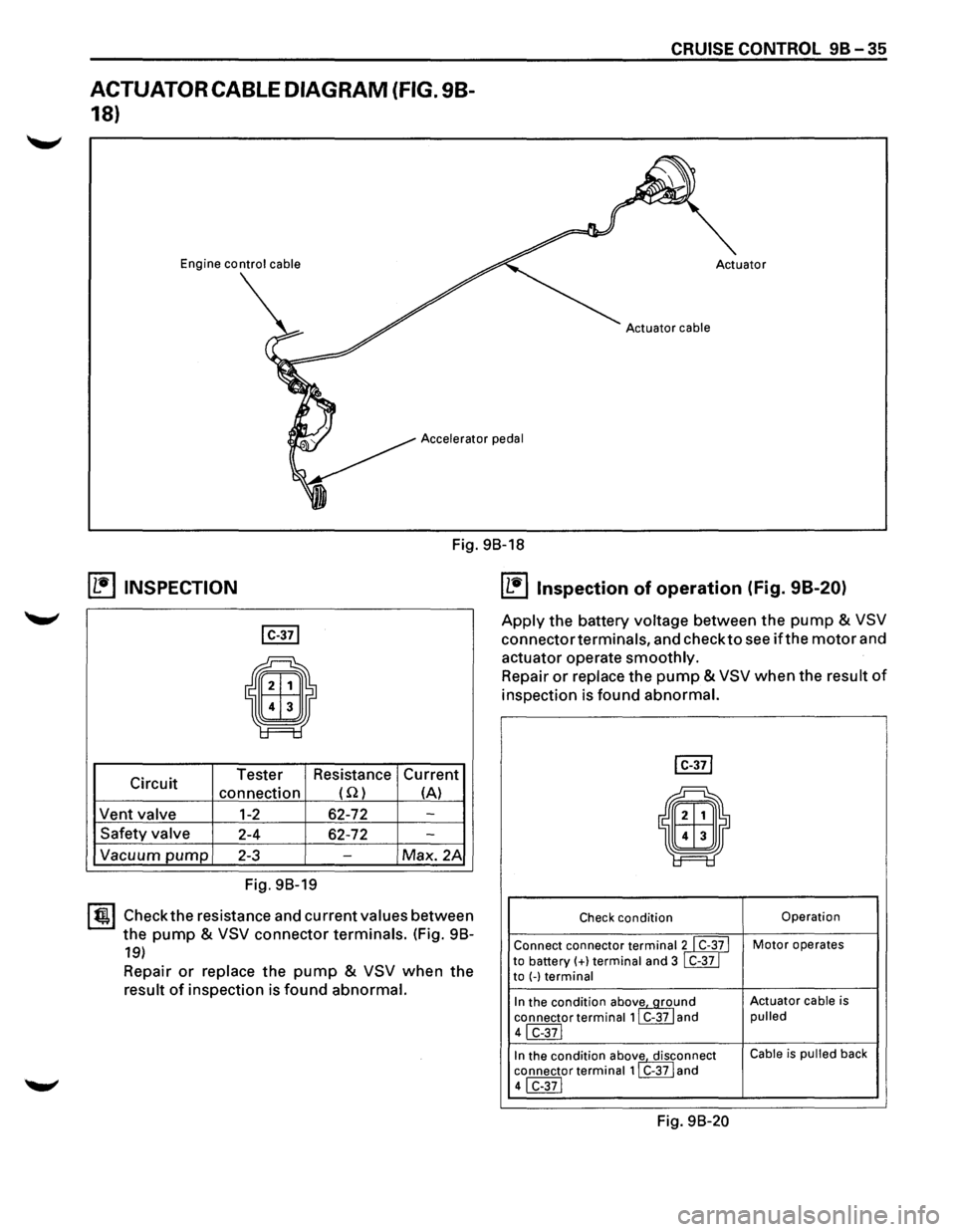 ISUZU TROOPER 1995 Workshop Manual ACTUATOR CABLE DIAGRAM (FIG. 98-
18)
Engine control cable
CRUISE CONTROL 9B-35
Accelerator pedal
Fig. 98-18
~ INSPECTION
I C-371
E9
Circuit Tester
Resistance Current
connection (Q) (A)
V ISUZU TROOPER 1995 Workshop Manual ACTUATOR CABLE DIAGRAM (FIG. 98-
18)
Engine control cable
CRUISE CONTROL 9B-35
Accelerator pedal
Fig. 98-18
~ INSPECTION
I C-371
E9
Circuit Tester
Resistance Current
connection (Q) (A)
V