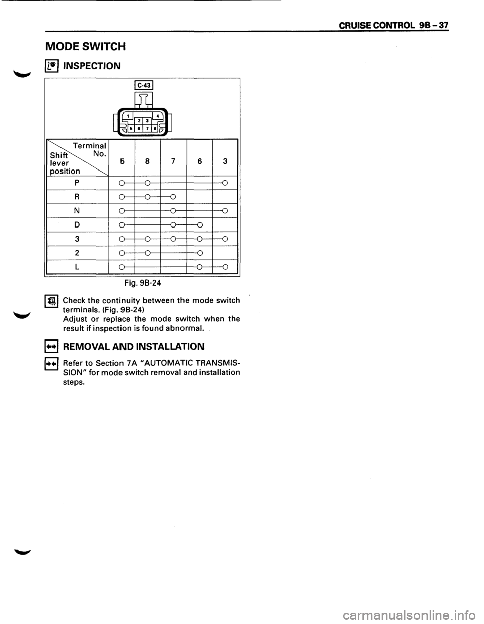 ISUZU TROOPER 1995 Manual PDF MODE SWITCH
[1!) INSPECTION
5
p 0
R
N
0
D 3
0
2
L
8
Fig. 98-24
7 6 3
lt!tl Check
the continuity between the mode switch
terminals. (Fig. 98-24)
Adjust
or replace the mode swit ISUZU TROOPER 1995 Manual PDF MODE SWITCH
[1!) INSPECTION
5
p 0
R
N
0
D 3
0
2
L
8
Fig. 98-24
7 6 3
lt!tl Check
the continuity between the mode switch
terminals. (Fig. 98-24)
Adjust
or replace the mode swit