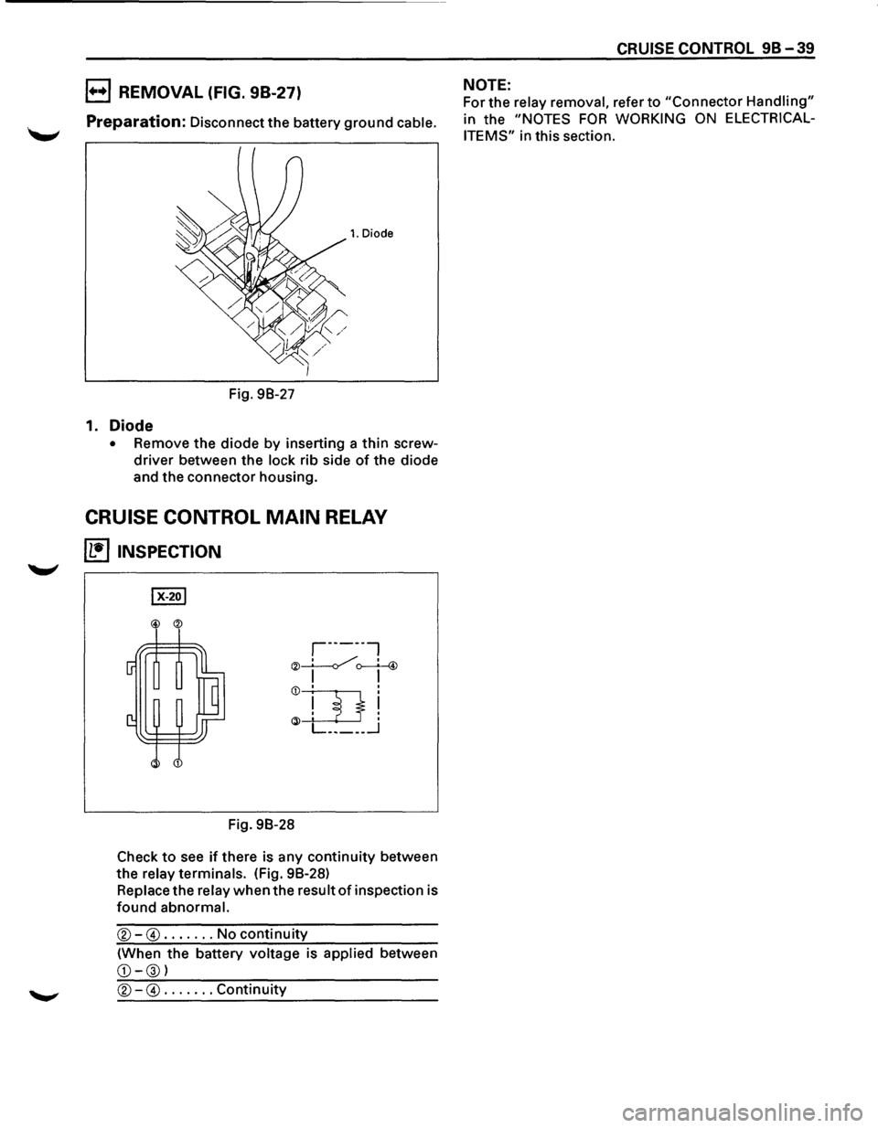 ISUZU TROOPER 1995 Workshop Manual B REMOVAL (FIG. 98-27)
Preparation: Disconnect the battery ground cable.
1. Diode
Fig. 98-27
1. Diode
• Remove the diode by inserting a thin screw
driver between the lock rib side of the ISUZU TROOPER 1995 Workshop Manual B REMOVAL (FIG. 98-27)
Preparation: Disconnect the battery ground cable.
1. Diode
Fig. 98-27
1. Diode
• Remove the diode by inserting a thin screw
driver between the lock rib side of the