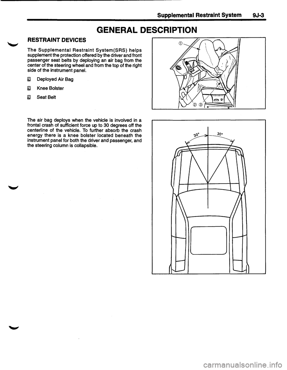 ISUZU TROOPER 1995 Workshop Manual Supplemental Restraint System 9J-3
GENERAL DESCRIPTION
RESTRAINT DEVICES
The Supplemental Restraint System(SRS) helps
supplement the protection offered by the driver and front
passenger seat ISUZU TROOPER 1995 Workshop Manual Supplemental Restraint System 9J-3
GENERAL DESCRIPTION
RESTRAINT DEVICES
The Supplemental Restraint System(SRS) helps
supplement the protection offered by the driver and front
passenger seat