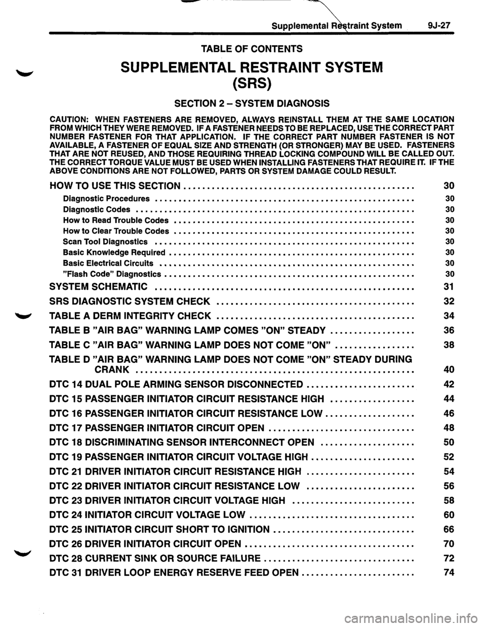 ISUZU TROOPER 1995 Workshop Manual Suppleme~tralnt System
TABLE OF CONTENTS
SUPPLEMENTAL RESTRAINT SYSTEM
{SRS)
SECTION 2-SYSTEM DIAGNOSIS
9J-27
CAUTION: WHEN FASTENERS ARE REMOVED, ALWAYS REINSTALL THEM AT THE SAME LOCATION
F ISUZU TROOPER 1995 Workshop Manual Suppleme~tralnt System
TABLE OF CONTENTS
SUPPLEMENTAL RESTRAINT SYSTEM
{SRS)
SECTION 2-SYSTEM DIAGNOSIS
9J-27
CAUTION: WHEN FASTENERS ARE REMOVED, ALWAYS REINSTALL THEM AT THE SAME LOCATION
F
