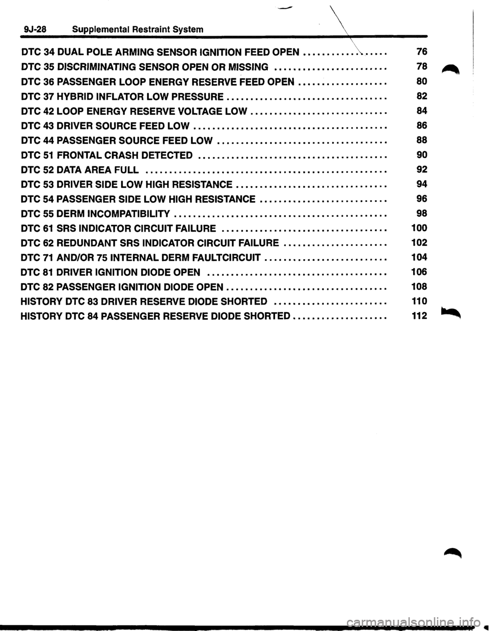 ISUZU TROOPER 1995 Workshop Manual -
9J-28 Supplemental Restraint System
DTC 34 DUAL POLE ARMING SENSOR IGNITION FEED OPEN •••••••.••• \> ...... .
DTC 35 DISCRIMINATING SENSOR OPEN OR MISSING ••••†ISUZU TROOPER 1995 Workshop Manual -
9J-28 Supplemental Restraint System
DTC 34 DUAL POLE ARMING SENSOR IGNITION FEED OPEN •••••••.••• \> ...... .
DTC 35 DISCRIMINATING SENSOR OPEN OR MISSING ••••â€