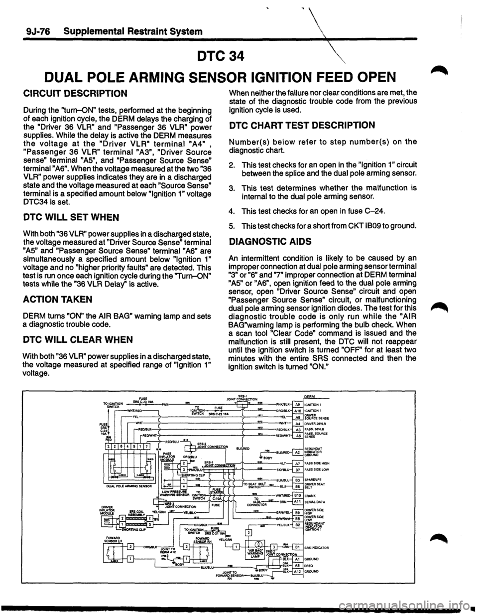 ISUZU TROOPER 1995 Repair Manual 9J-76 Supplemental Restraint System
DTC34
DUAL POLE ARMING SENSOR IGNITION FEED OPEN
CIRCUIT DESCRIPTION
During the "turn-ON" tests, performed at the beginning
of each ignition cycle, th ISUZU TROOPER 1995 Repair Manual 9J-76 Supplemental Restraint System
DTC34
DUAL POLE ARMING SENSOR IGNITION FEED OPEN
CIRCUIT DESCRIPTION
During the "turn-ON" tests, performed at the beginning
of each ignition cycle, th